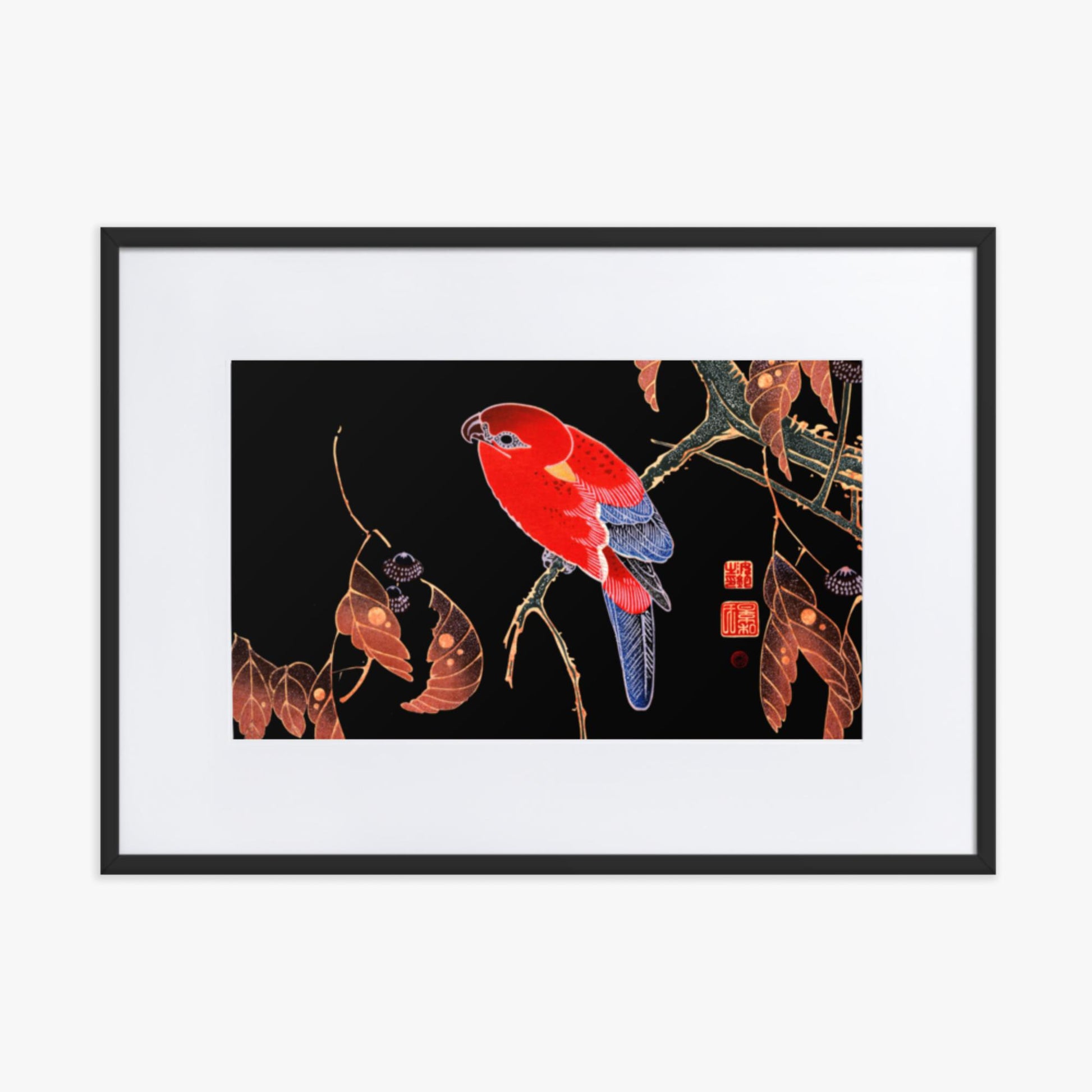 Ito Jakuchu - Red Parrot on the Branch of a Tree 50x70 cm Poster With Black Frame