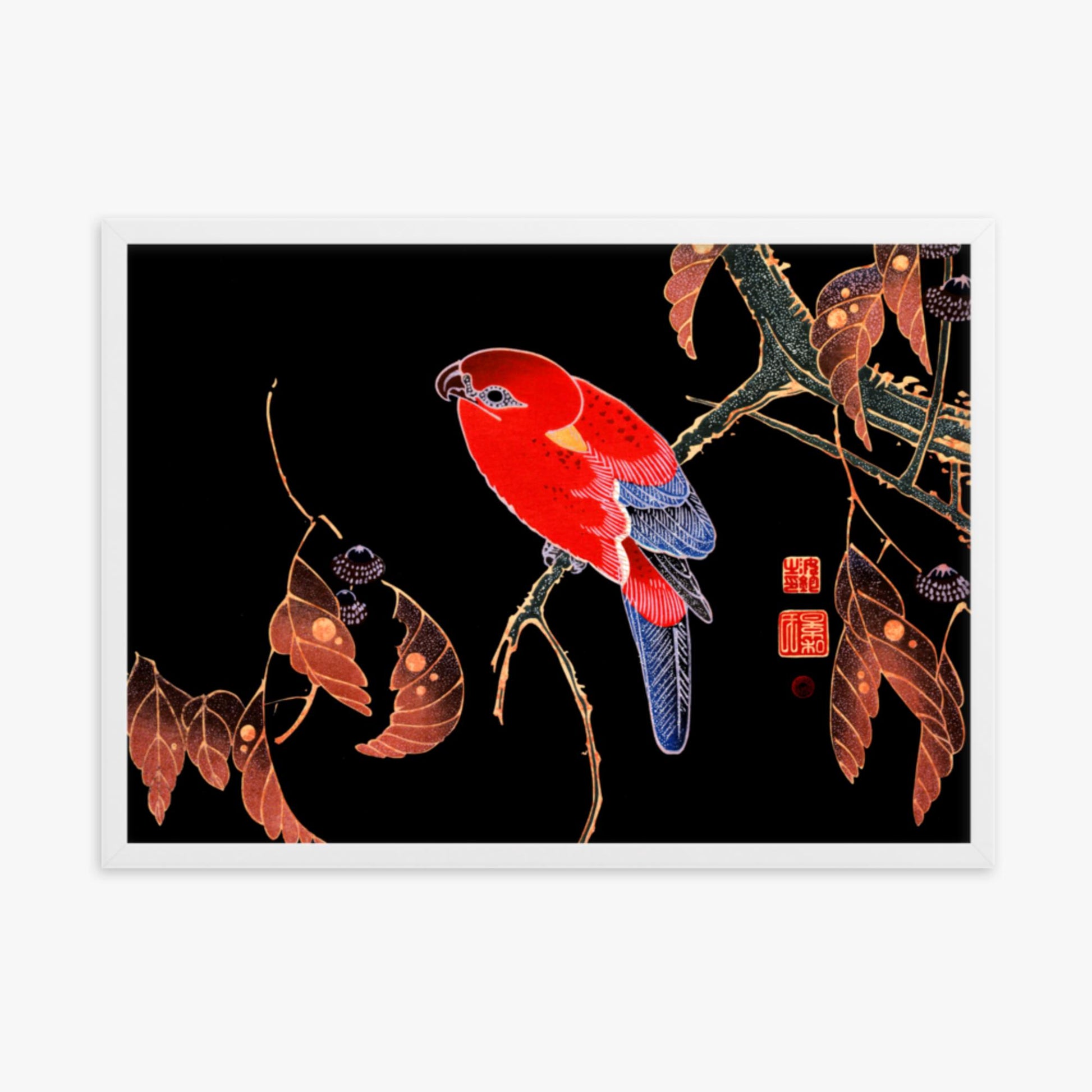 Ito Jakuchu - Red Parrot on the Branch of a Tree 50x70 cm Poster With White Frame