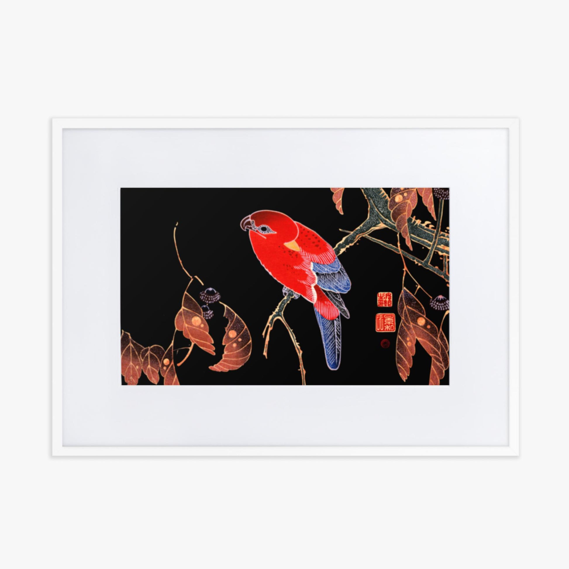 Ito Jakuchu - Red Parrot on the Branch of a Tree 50x70 cm Poster With White Frame