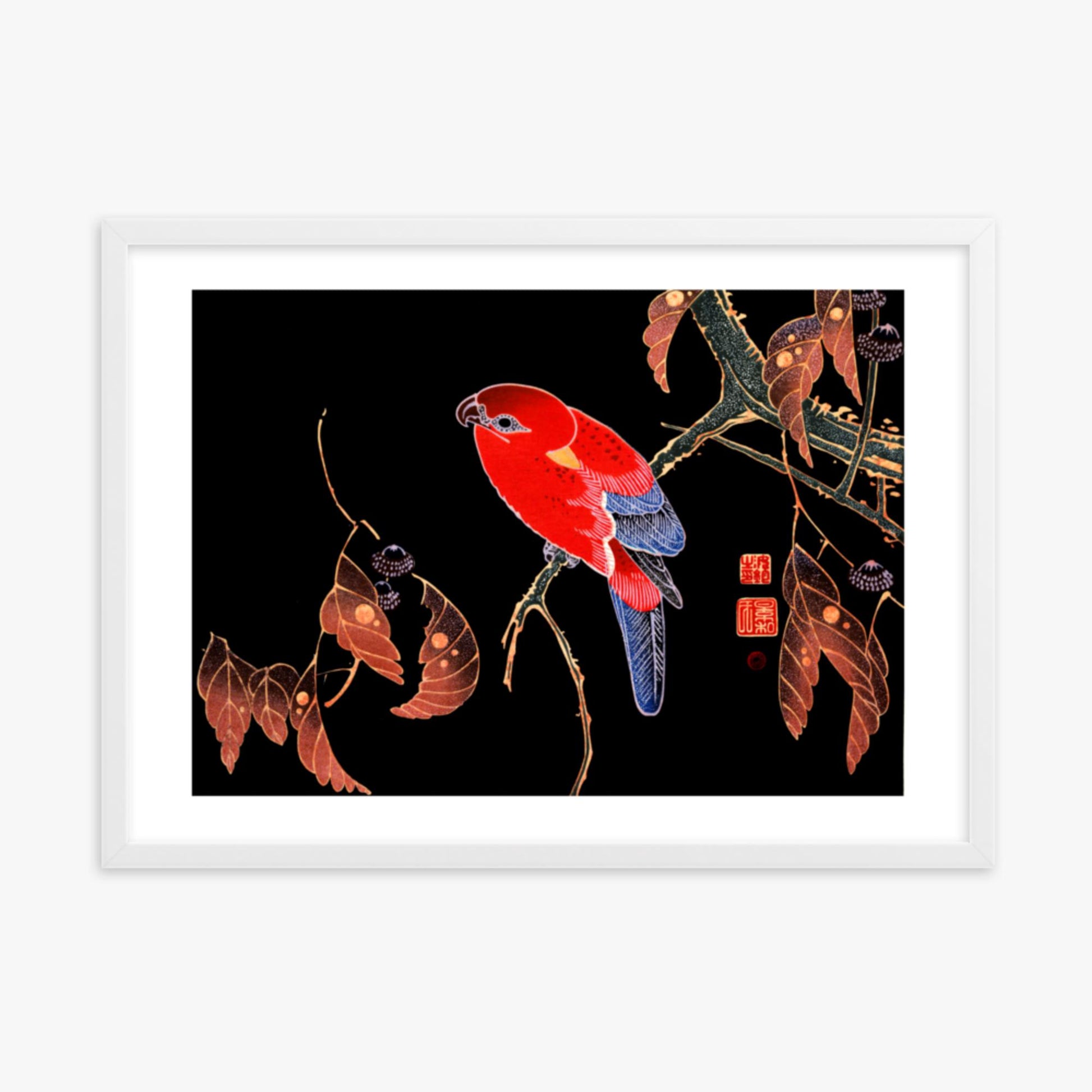 Ito Jakuchu - Red Parrot on the Branch of a Tree 50x70 cm Poster With White Frame