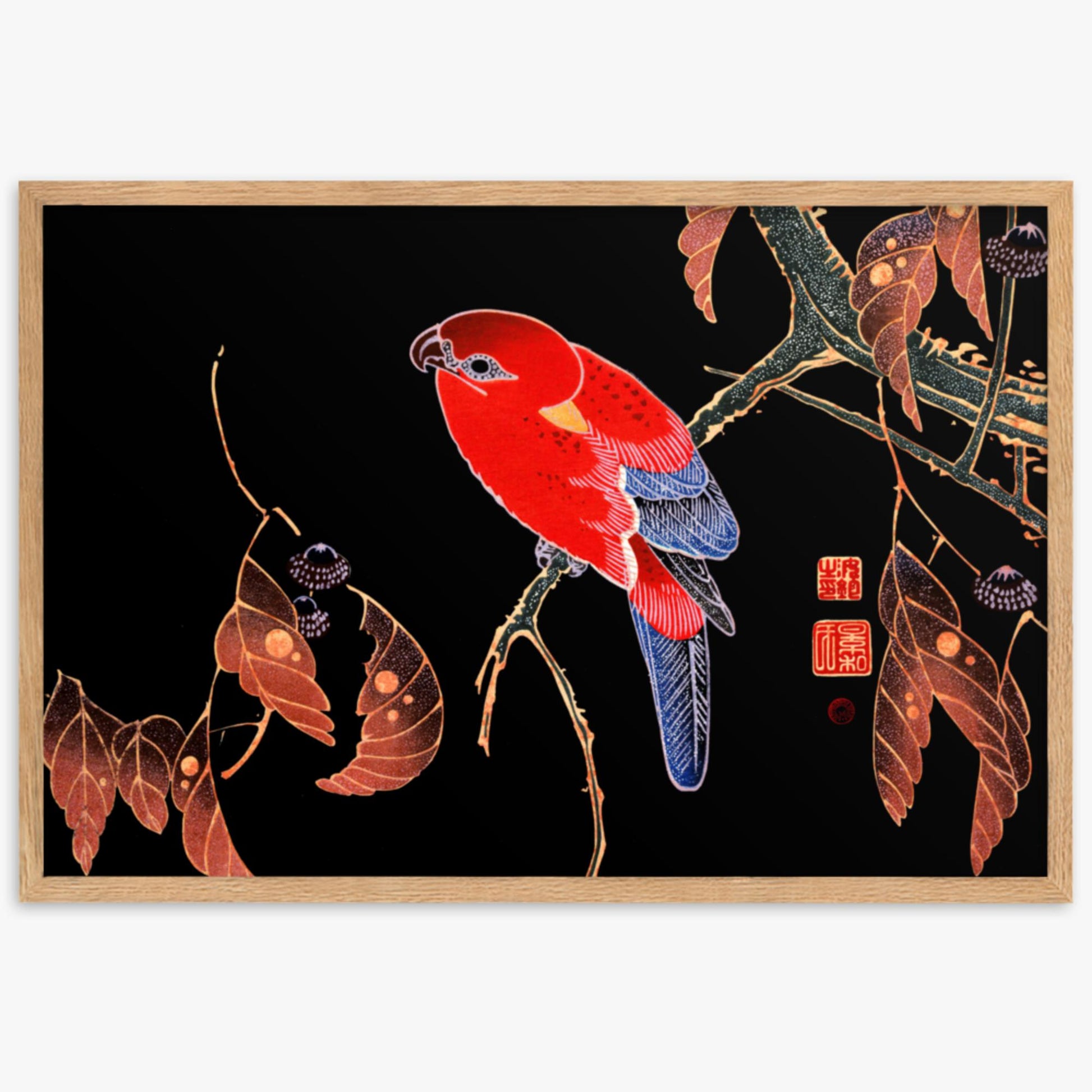 Ito Jakuchu - Red Parrot on the Branch of a Tree 61x91 cm Poster With Oak Frame