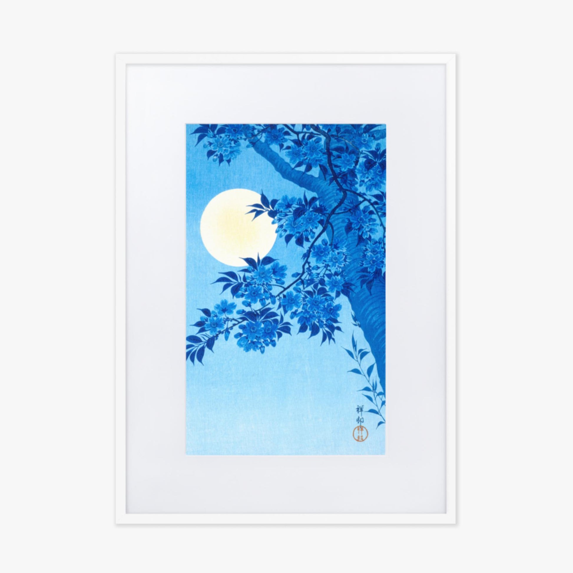 Ohara Koson - Blossoming Cherry on a Moonlit Night 50x70 cm Poster With White Frame