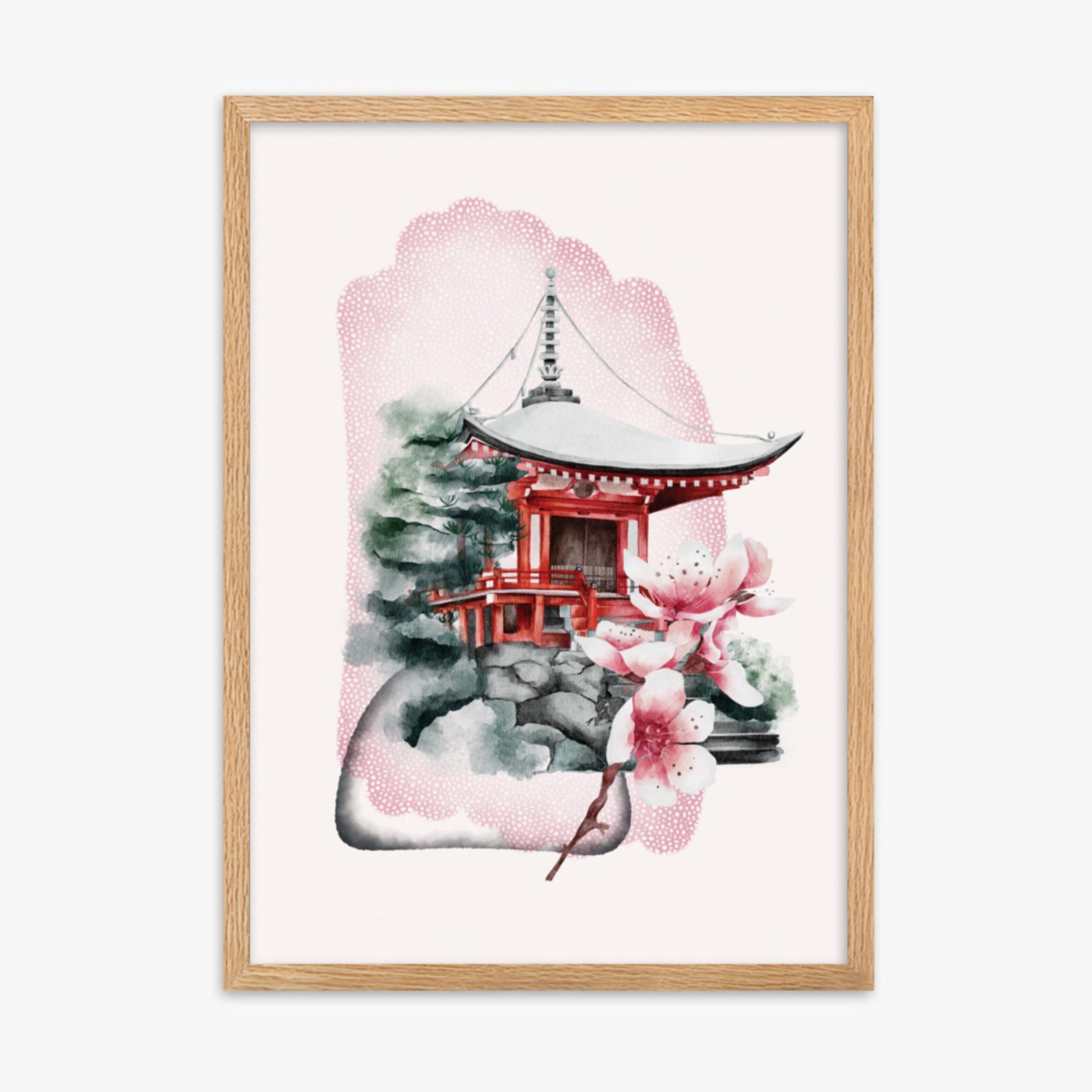 Modern illustration: Flowery Shrine 50x70 cm Poster With Oak Frame Frame