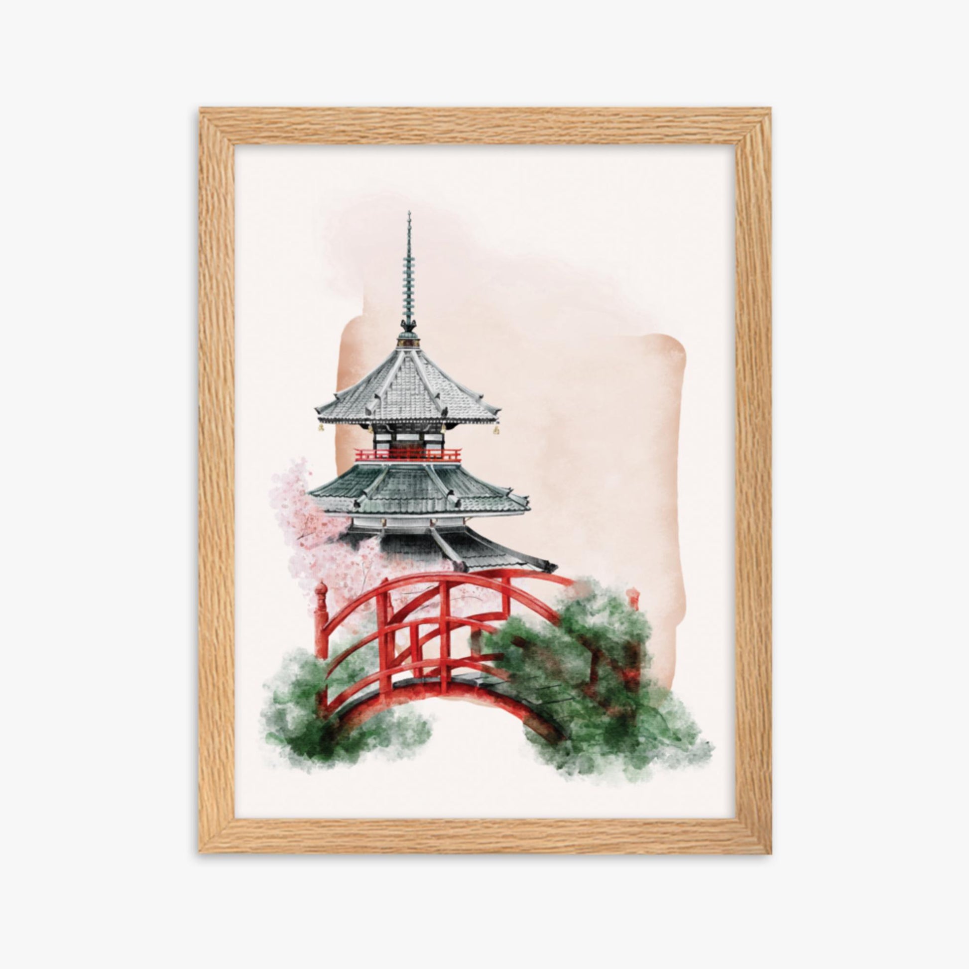 Modern illustration: Shrine with Bridge 30x40 cm Poster With Oak Frame Frame