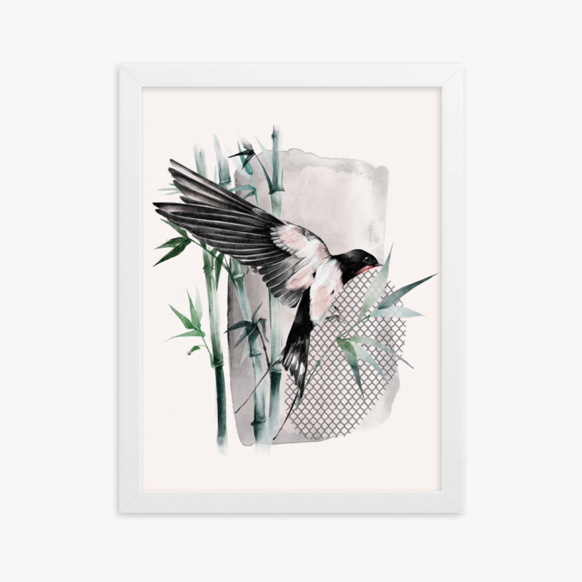 Modern illustration: Bird on Bamboo 30x40 cm Poster With White Frame Frame