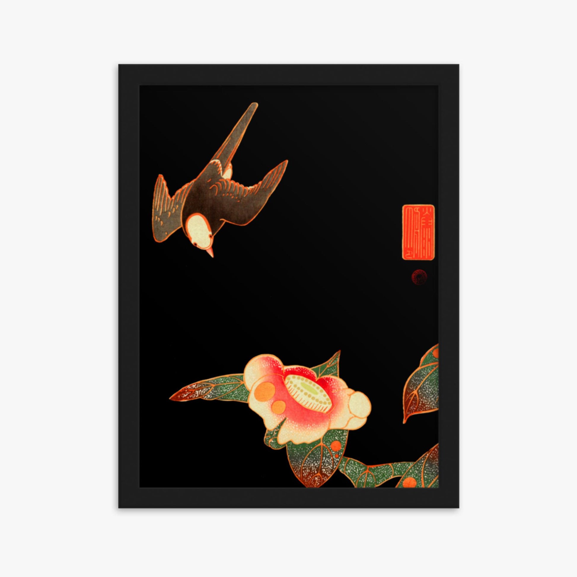 Ito Jakuchu - Swallow and Camellia 30x40 cm Poster With Black Frame