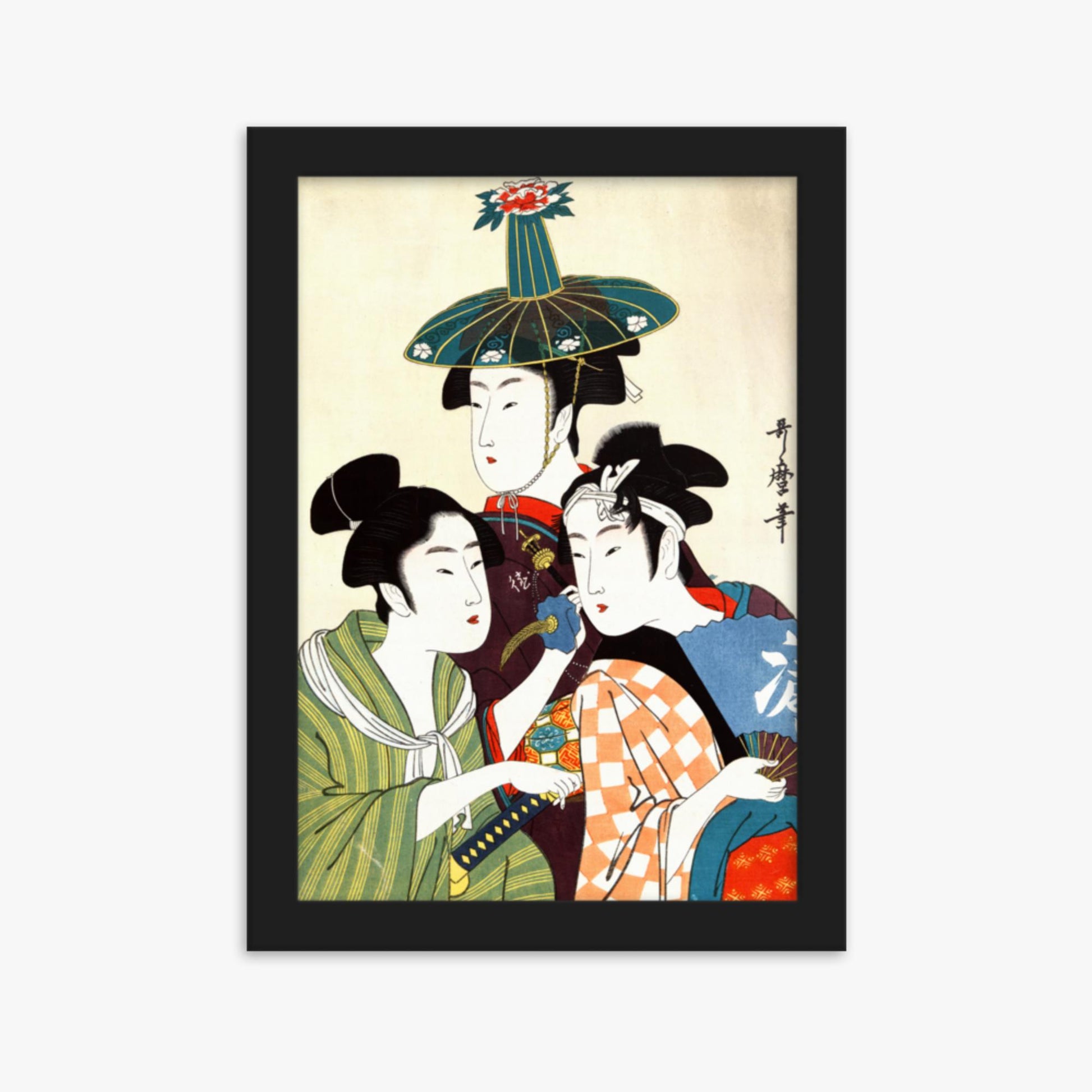 Utamaro Kitagawa - Three Young Men or Women  21x30 cm Poster With Black Frame