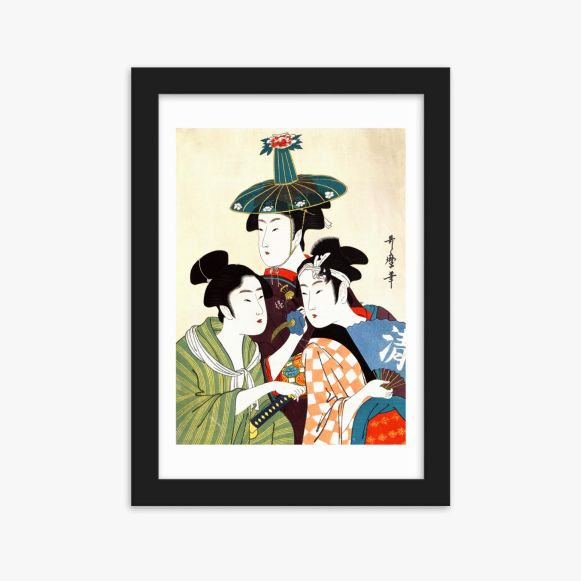 Utamaro Kitagawa - Three Young Men or Women  21x30 cm Poster With Black Frame