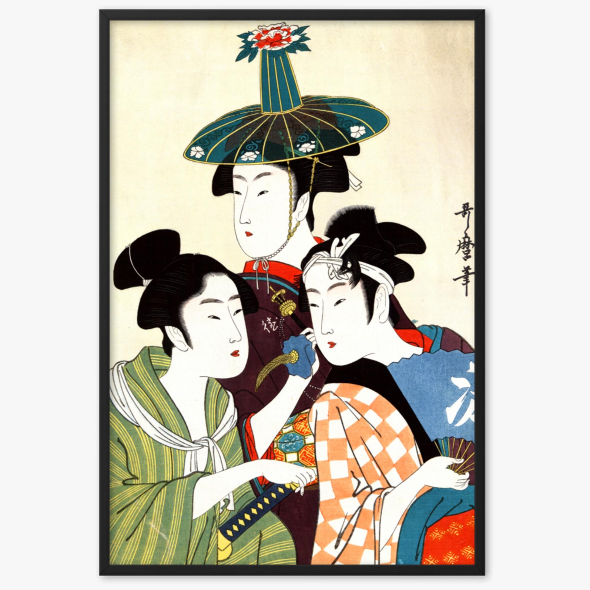 Utamaro Kitagawa - Three Young Men or Women  61x91 cm Poster With Black Frame