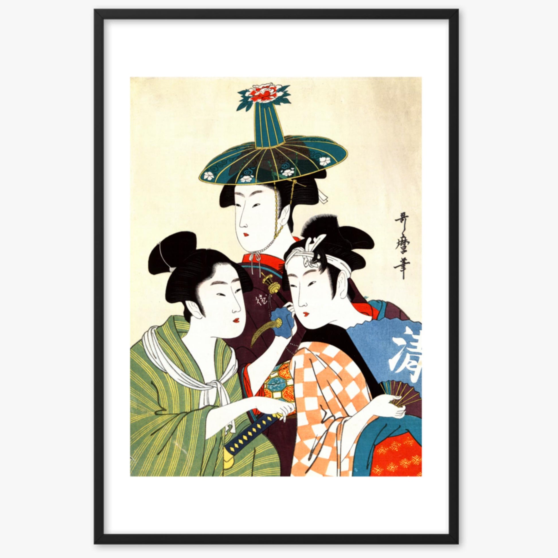 Utamaro Kitagawa - Three Young Men or Women  61x91 cm Poster With Black Frame