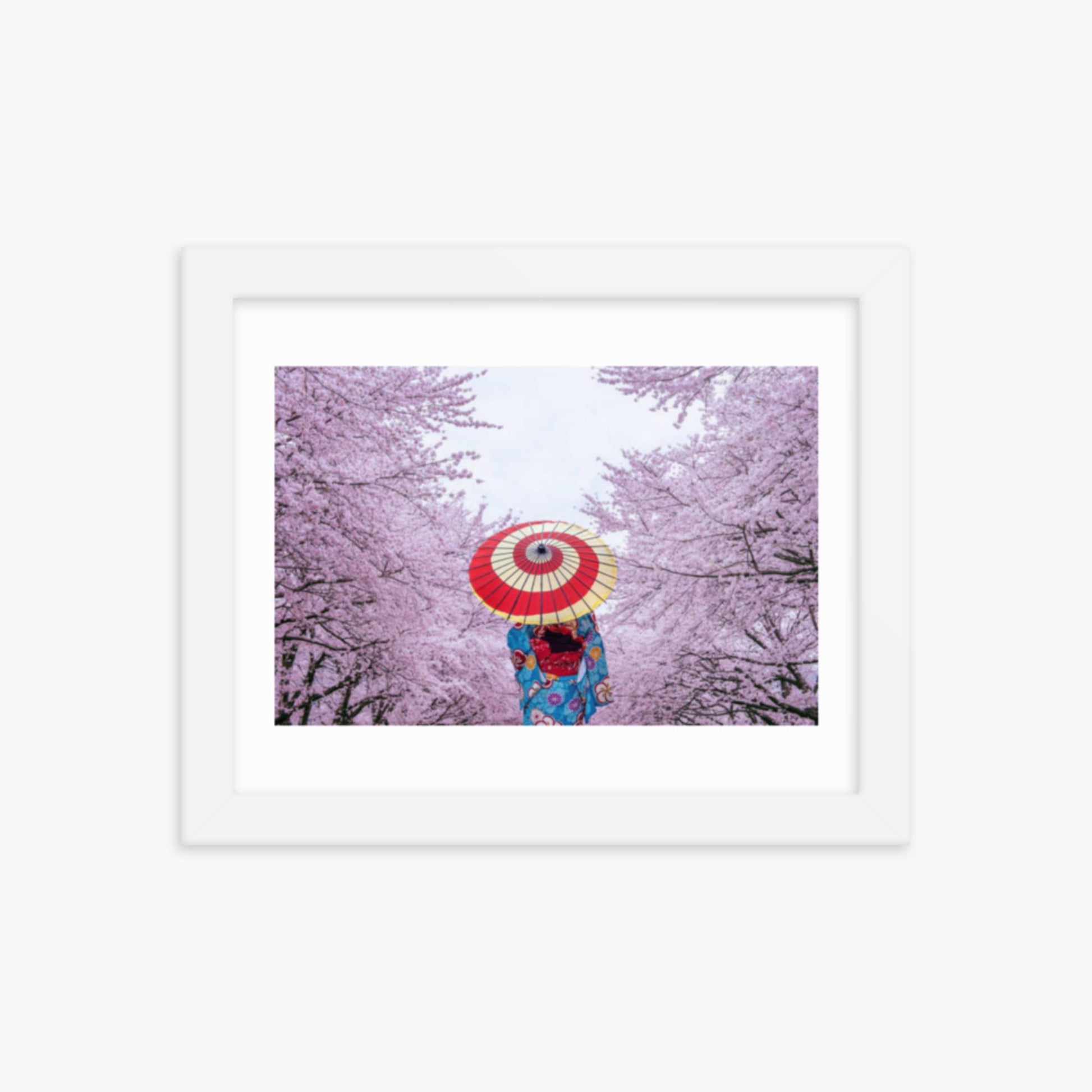 Asian woman wearing japanese traditional kimono and cherry blossom in spring 8x10 in Poster With White Frame