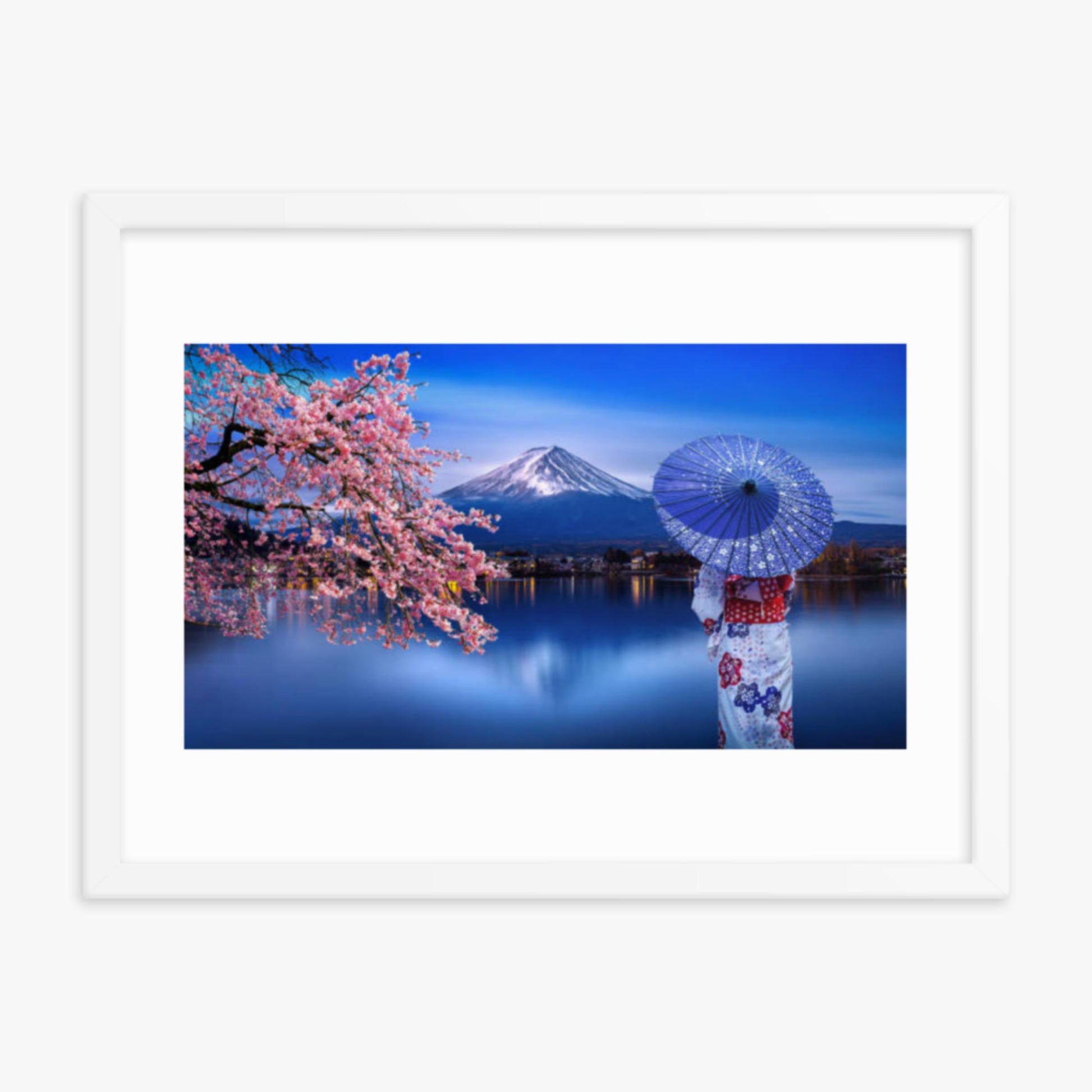 Asian woman wearing japanese traditional kimono at Fuji Mountain and cherry blossom, Kawaguchiko Lake in Japan 18x24 in Poster With White Frame