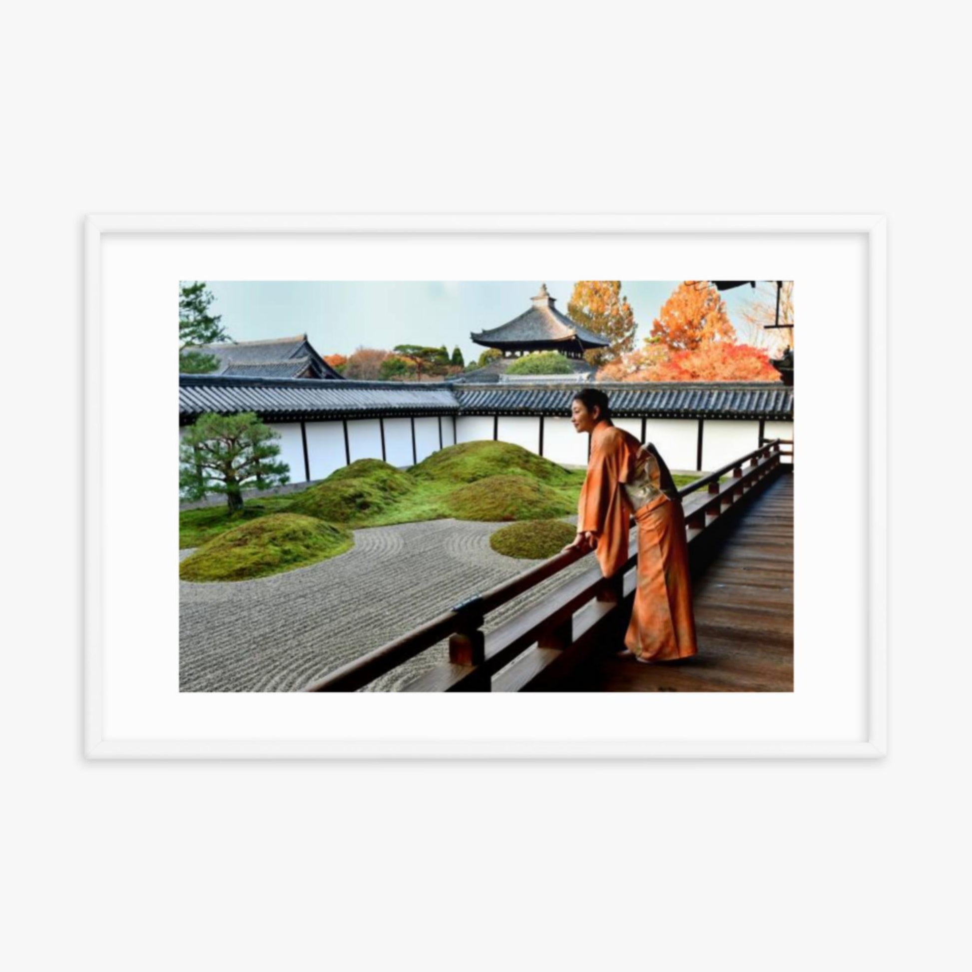 Japanese Woman in Kimono Appreciating Japanese Garden at Tofukuji, Kyoto 24x36 in Poster With White Frame