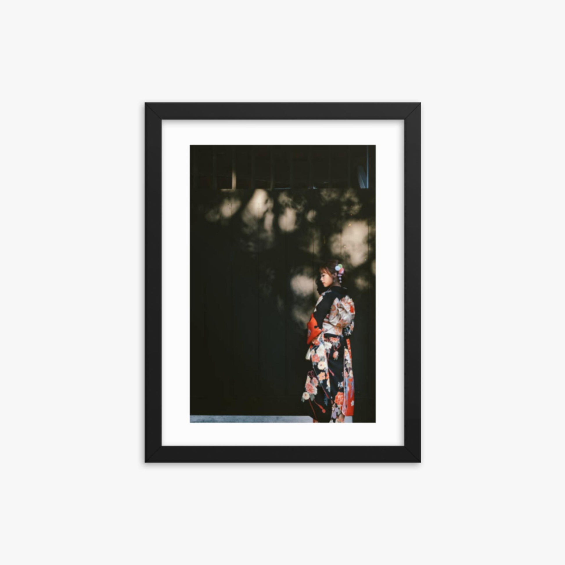 Portrait of beautiful woman in traditional Kimono walking in the street in Kyoto, Japan 12x16 in Poster With Black Frame