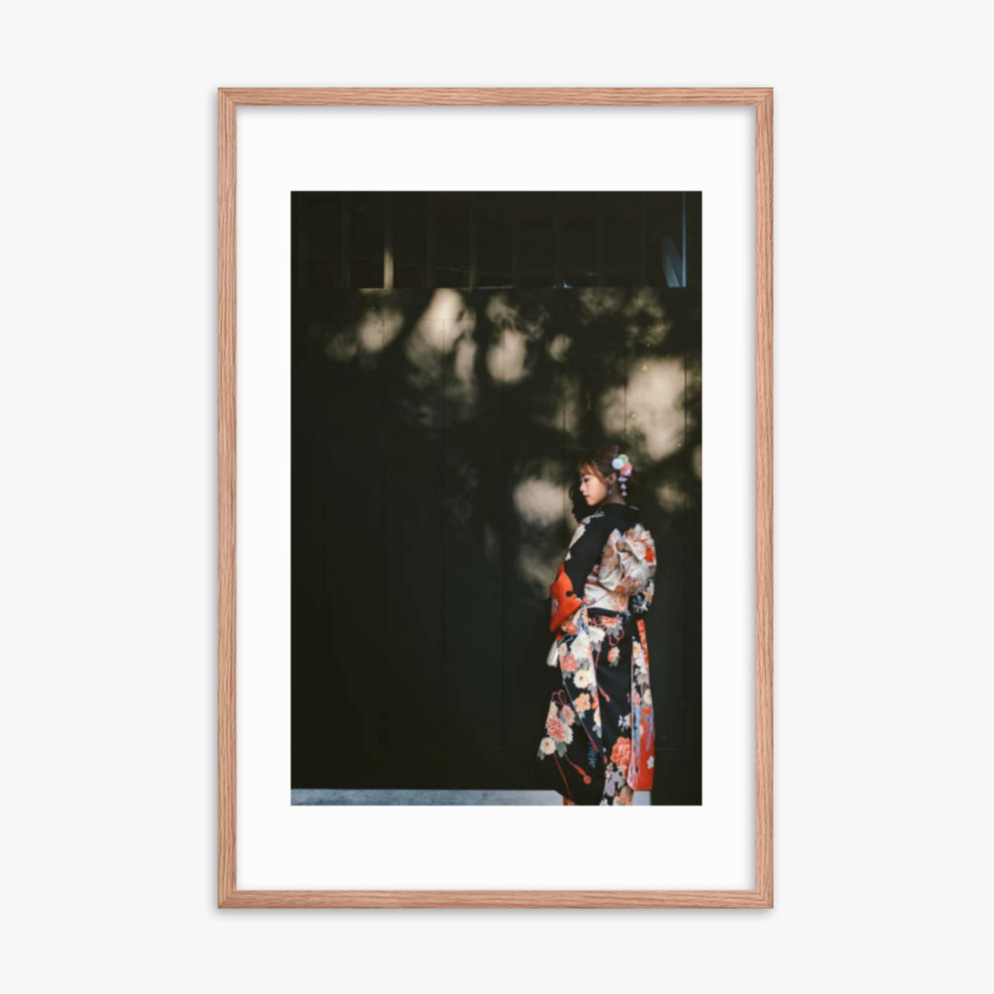 Portrait of beautiful woman in traditional Kimono walking in the street in Kyoto, Japan 24x36 in Poster With Oak Frame