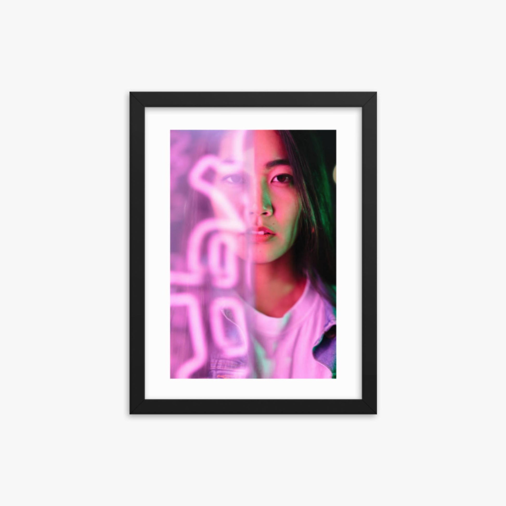 Portrait of young woman lit by pink neon light 12x16 in Poster With Black Frame