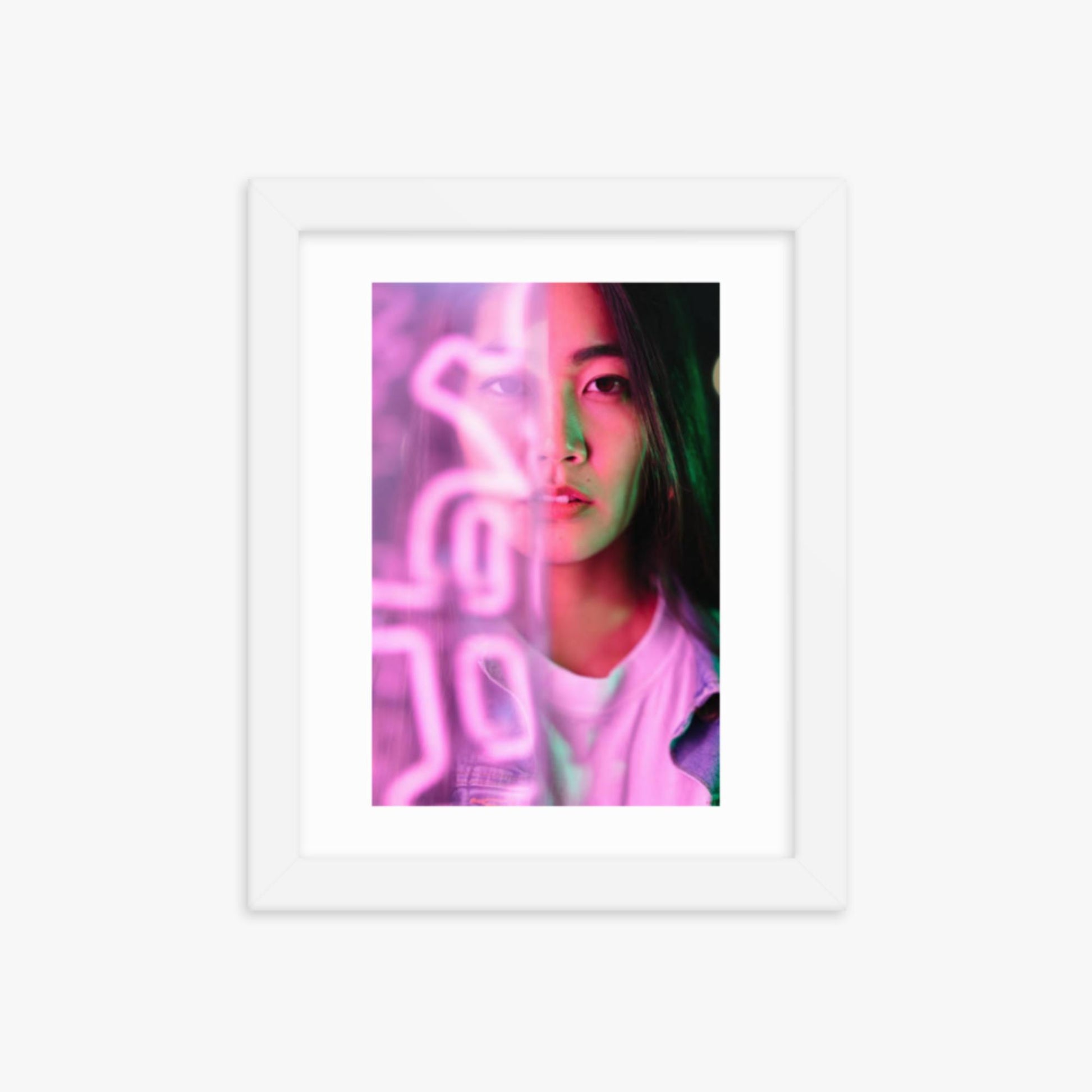 Portrait of young woman lit by pink neon light 8x10 in Poster With White Frame