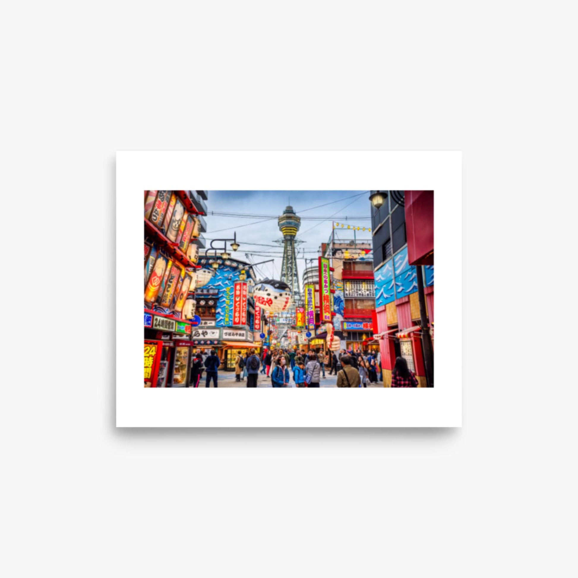 Osaka Tower and view of the neon advertisements in Shinsekai district at dusk 8x10 in Poster