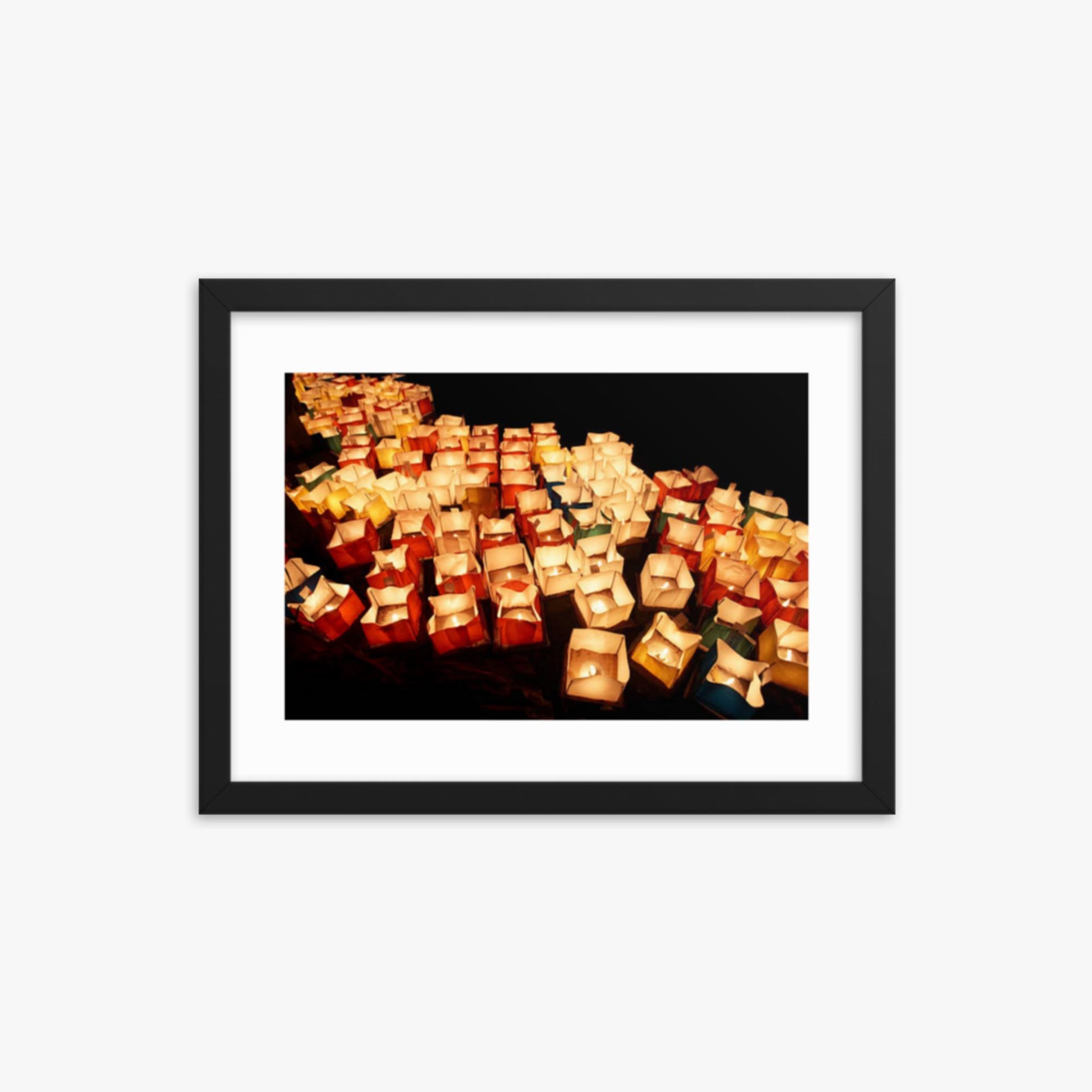 Lanterns lit on Hirosawa Pond, Kyoto 12x16 in Poster With Black Frame