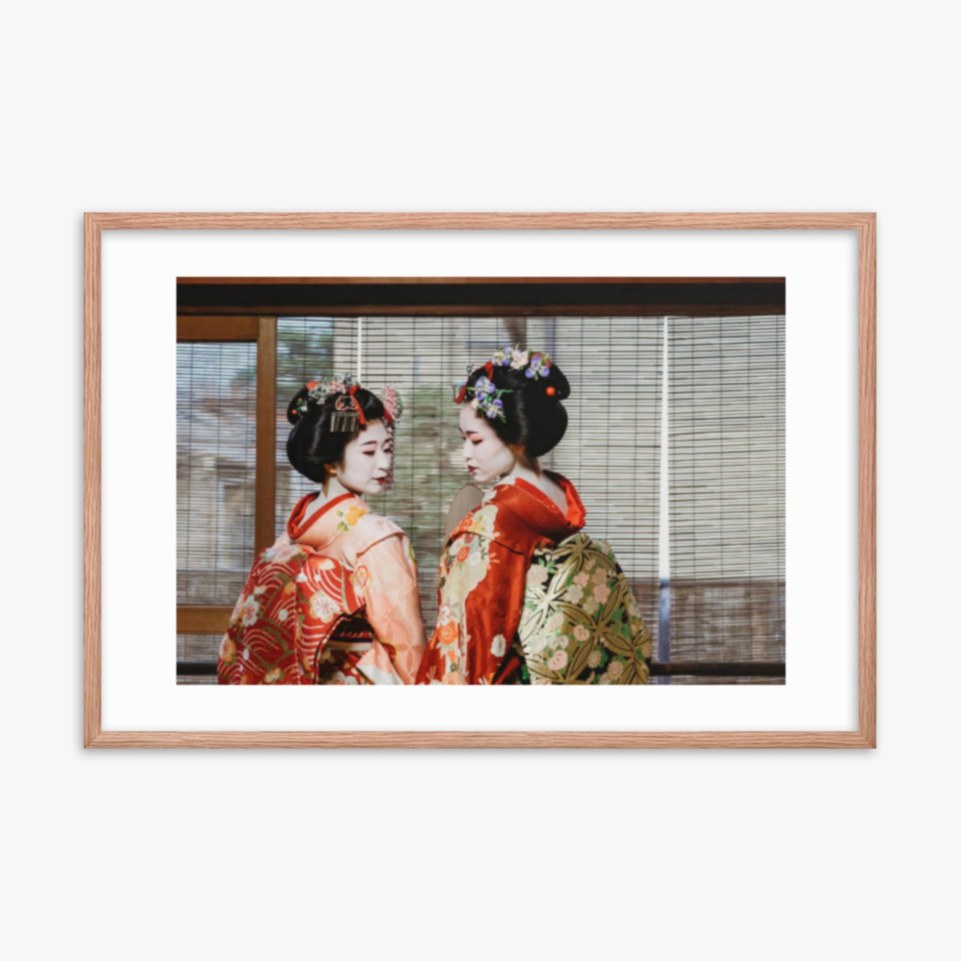 Maiko Women Together in Kyoto 24x36 in Poster With Oak Frame