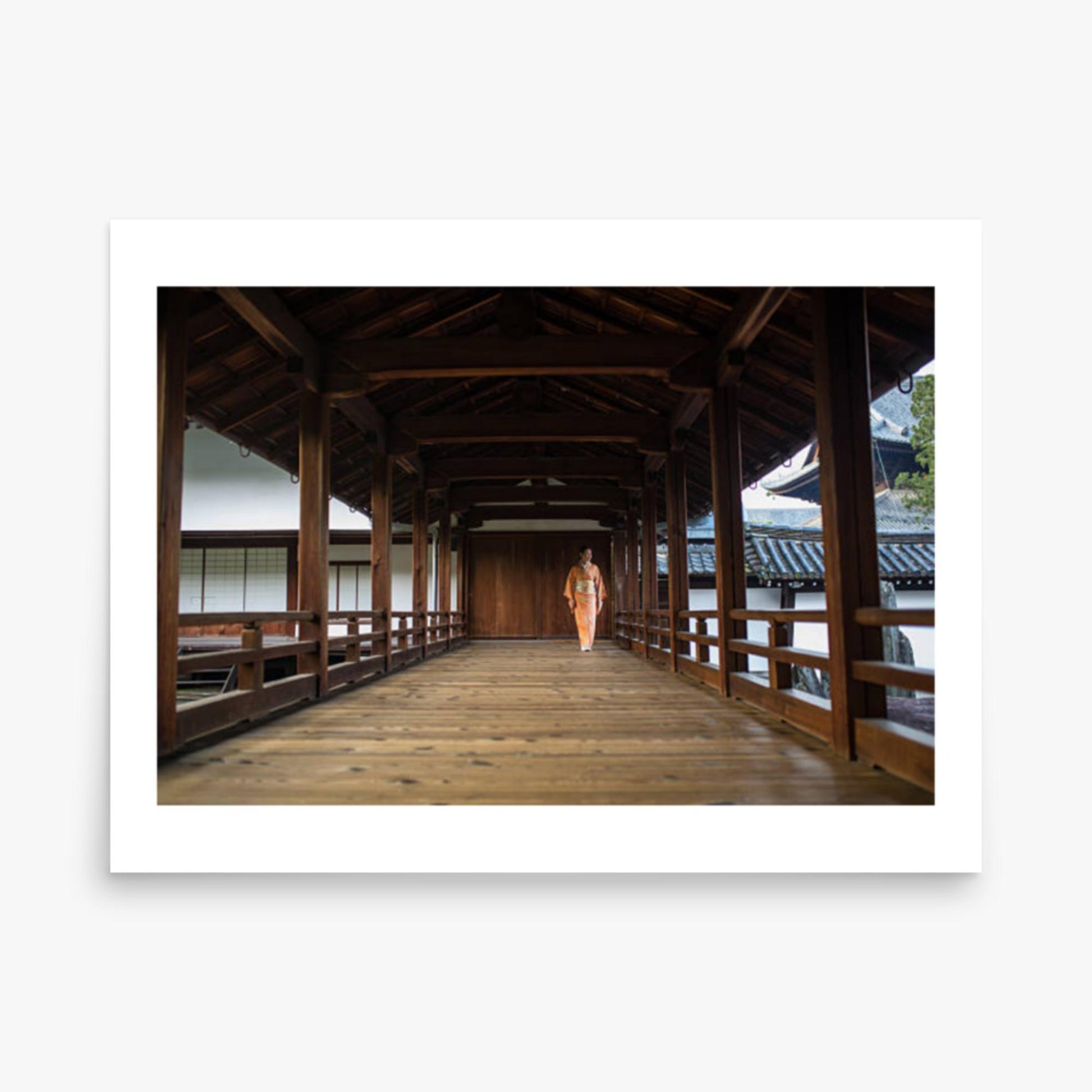 Woman in a kimono walking through a temple corridor 18x24 in Poster