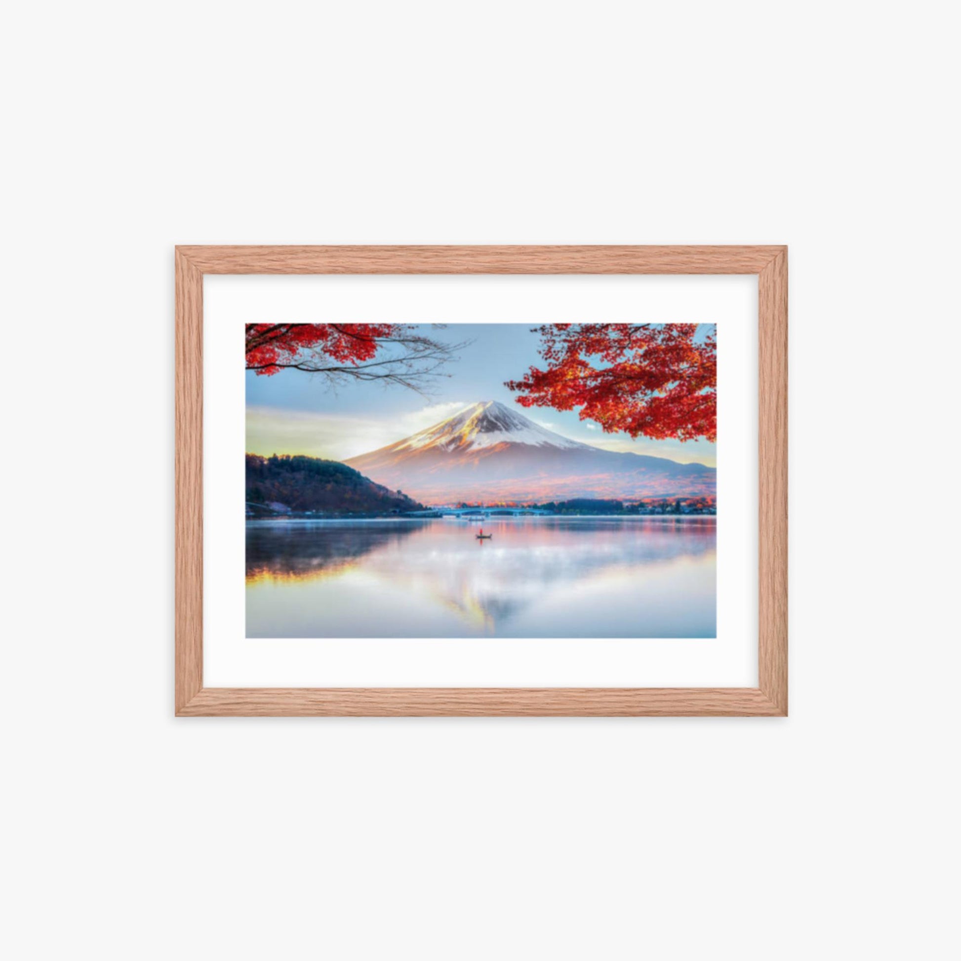 Fuji Mountain , Red Maple Tree and Fisherman Boat with Morning Mist in Autumn, Kawaguchiko Lake, Japan 12x16 in Poster With Oak Frame