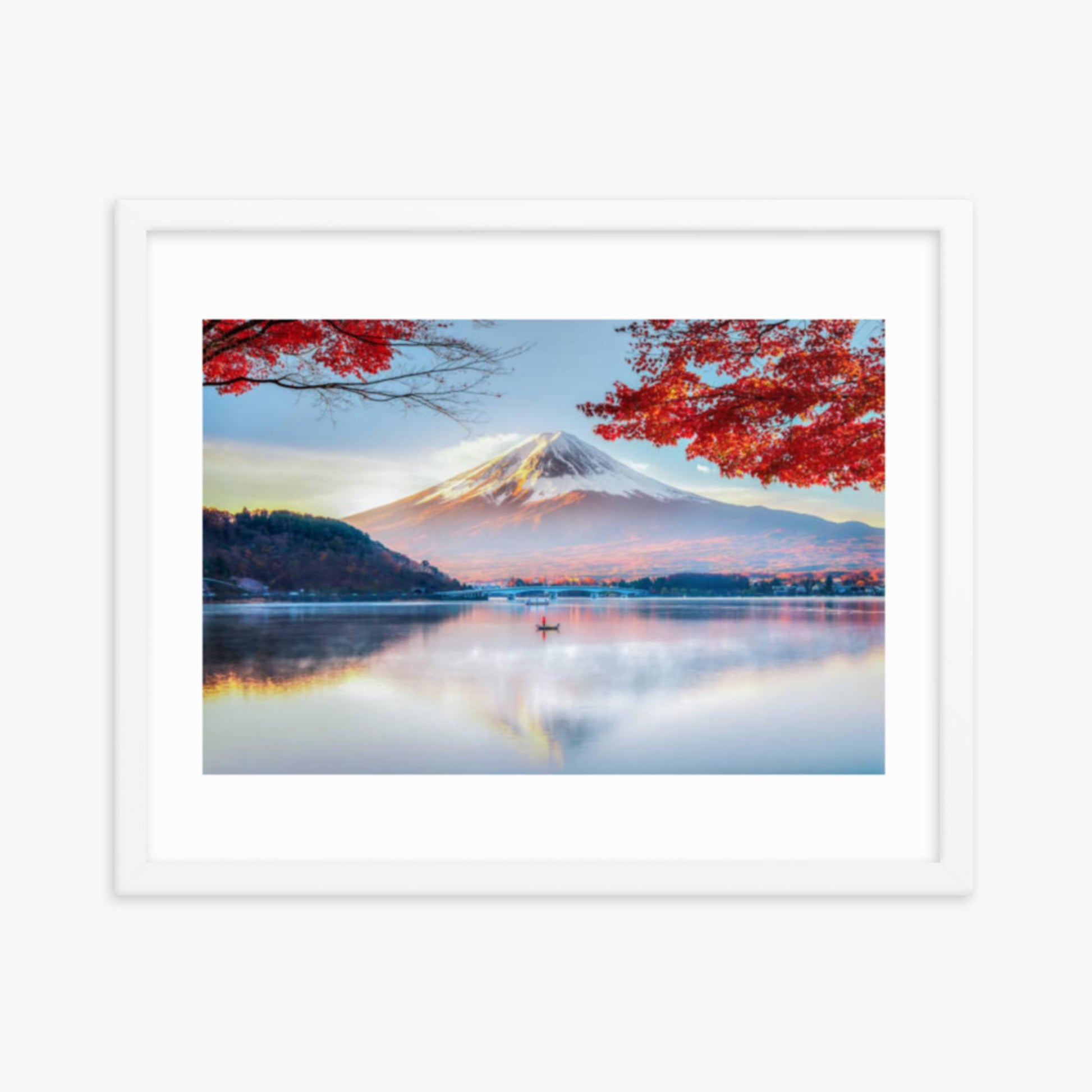 Fuji Mountain , Red Maple Tree and Fisherman Boat with Morning Mist in Autumn, Kawaguchiko Lake, Japan 16x20 in Poster With White Frame