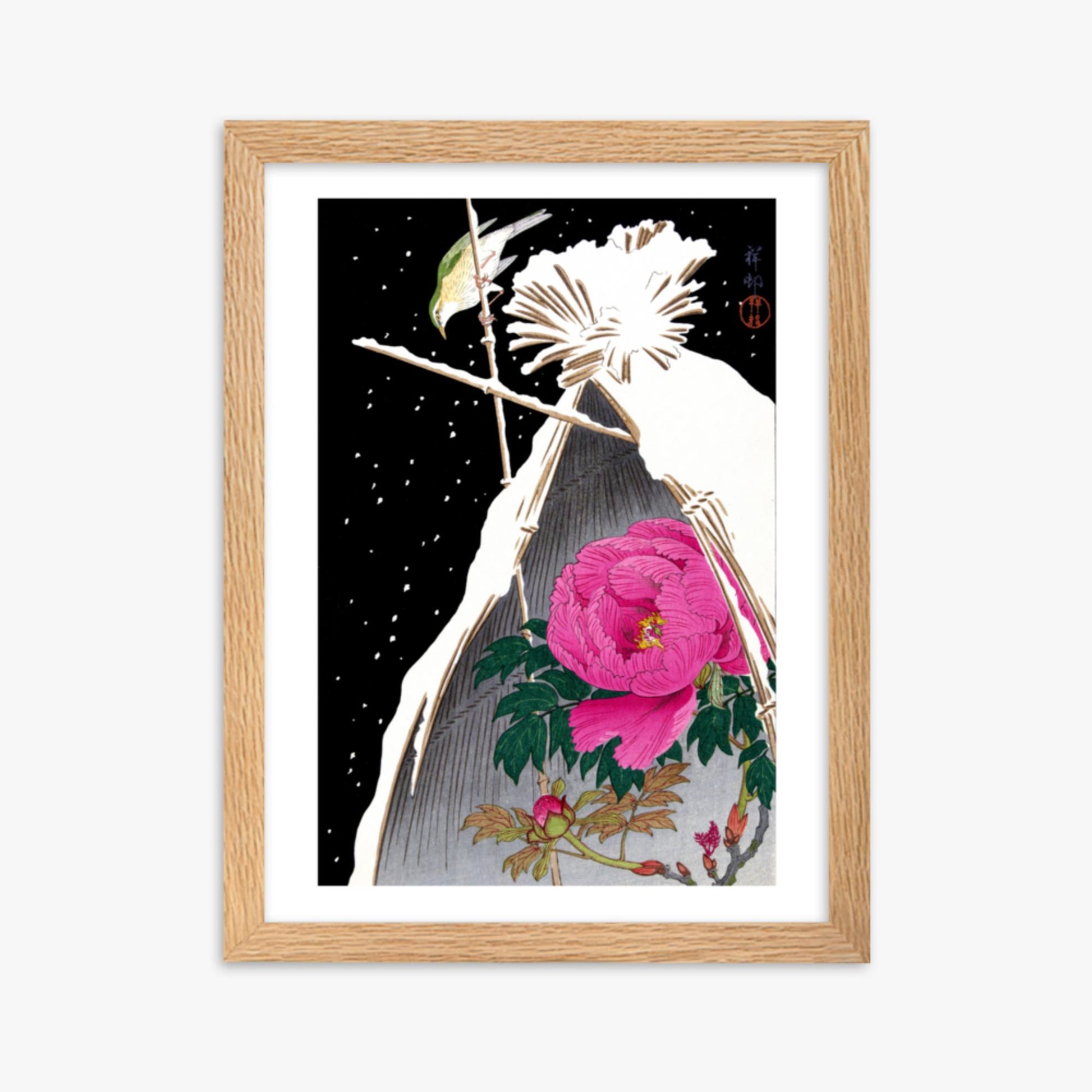 Ohara Koson - Siberian Bluechat Next to a Peony 30x40 cm Poster With Oak Frame