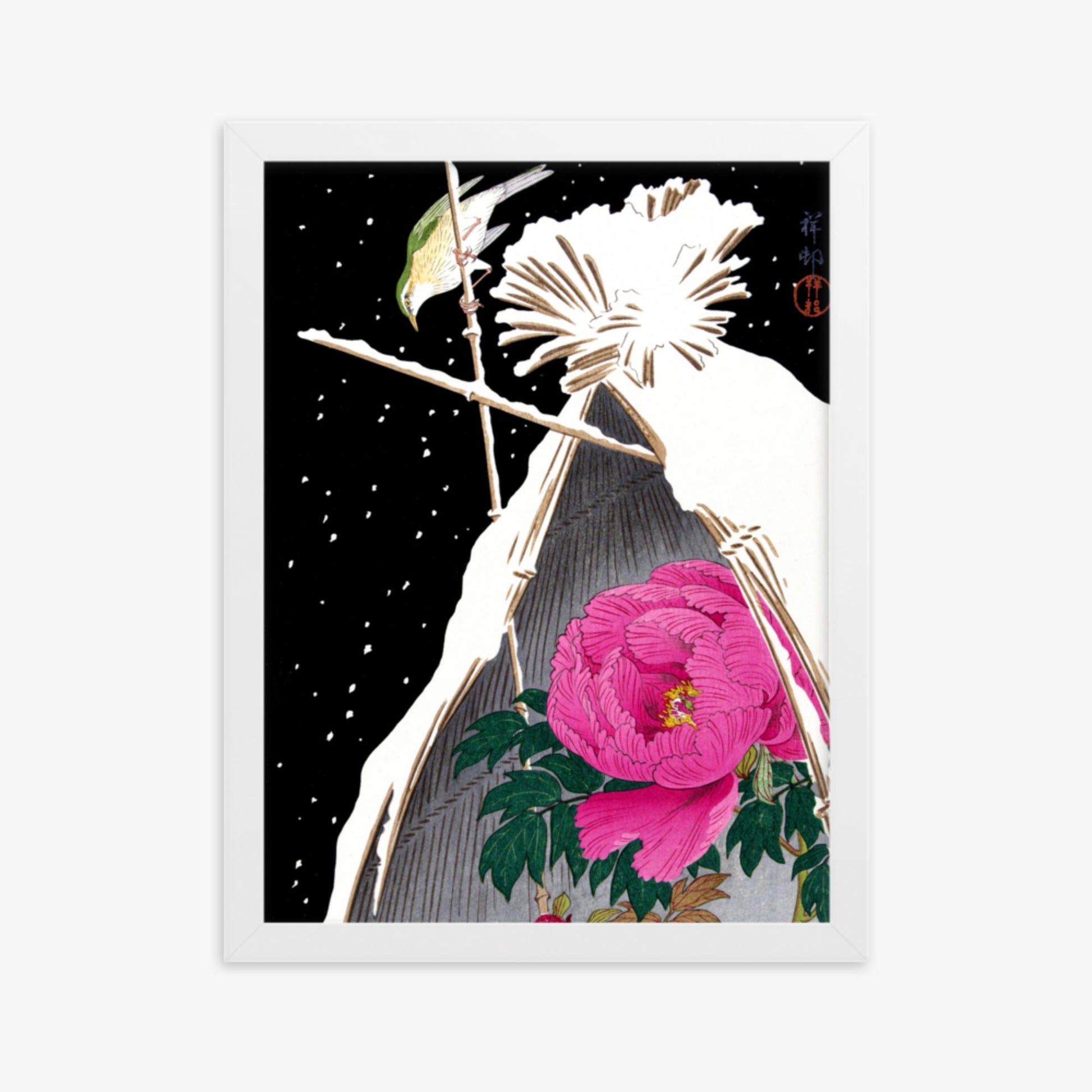 Ohara Koson - Siberian Bluechat Next to a Peony 30x40 cm Poster With White Frame