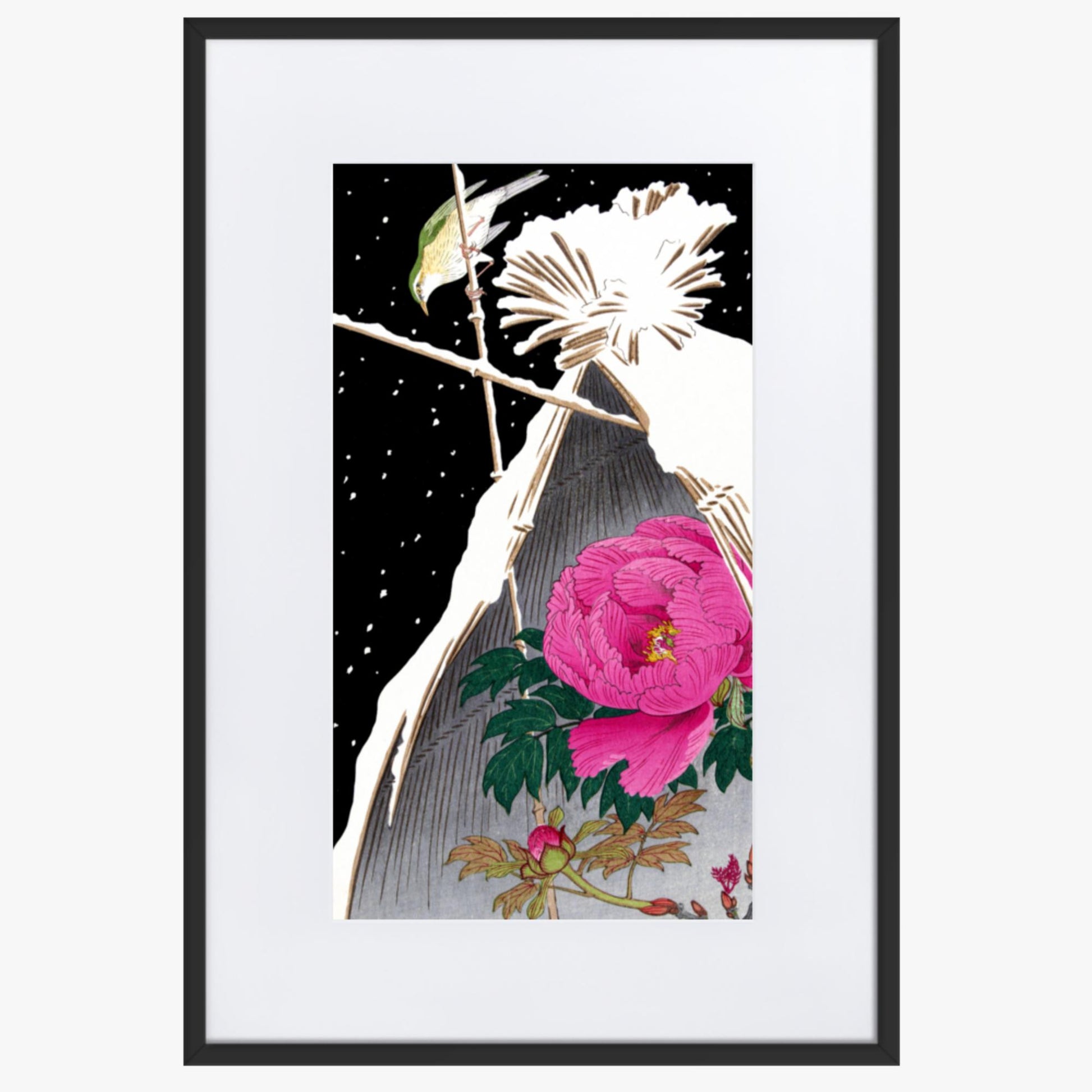 Ohara Koson - Siberian Bluechat Next to a Peony 61x91 cm Poster With Black Frame