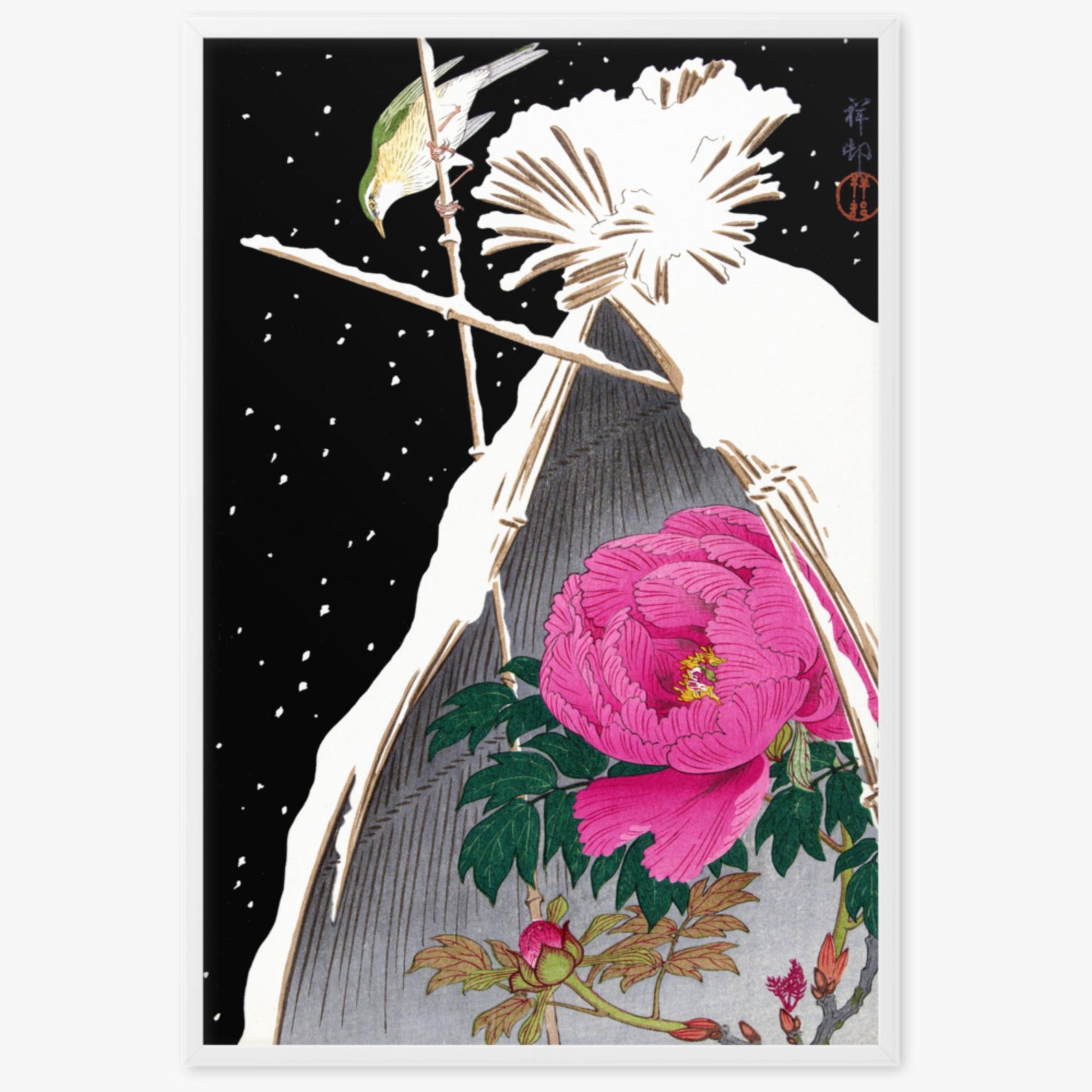 Ohara Koson - Siberian Bluechat Next to a Peony 61x91 cm Poster With White Frame