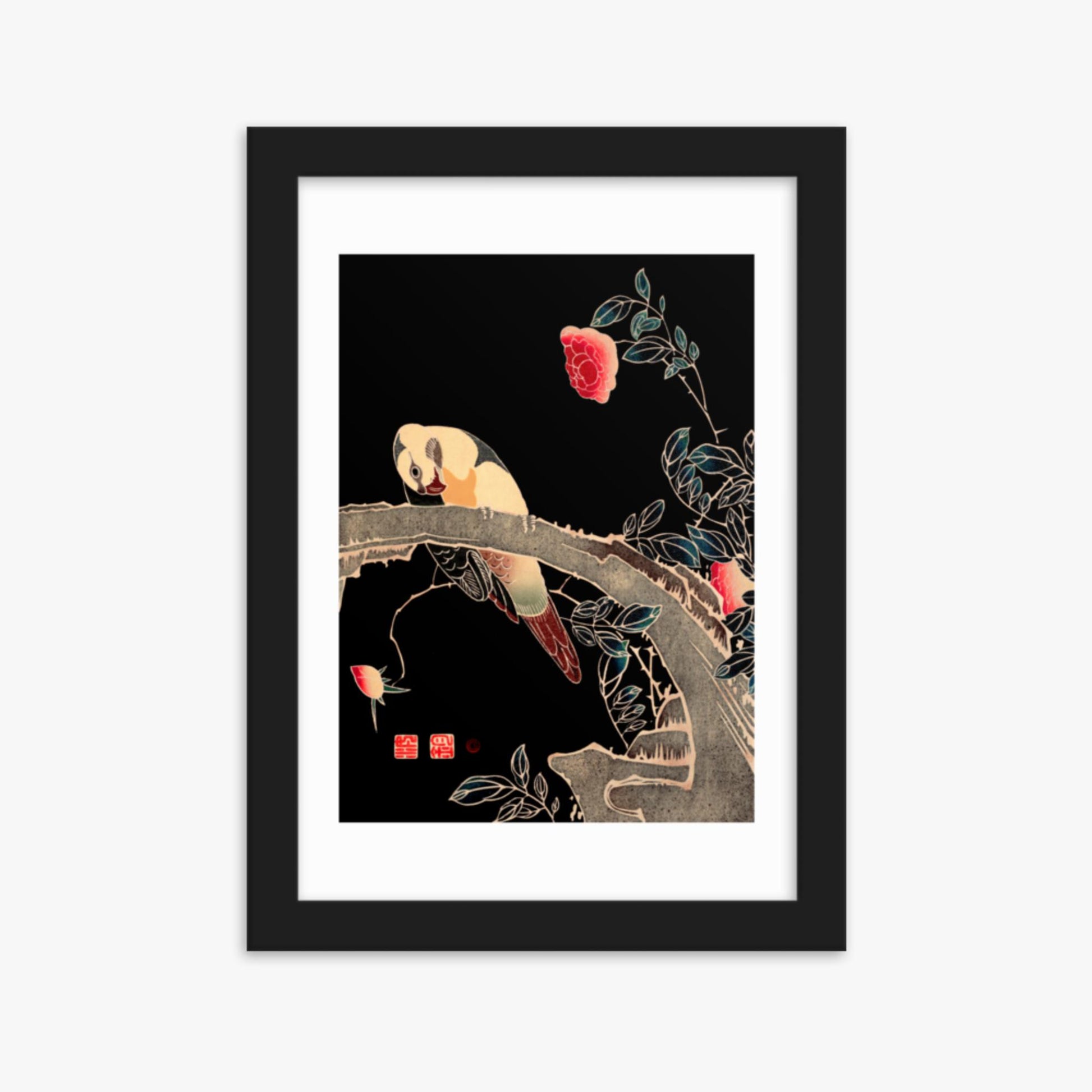 Ito Jakuchu - Parrot on the Branch of a Flowering Rose Bush 21x30 cm Poster With Black Frame