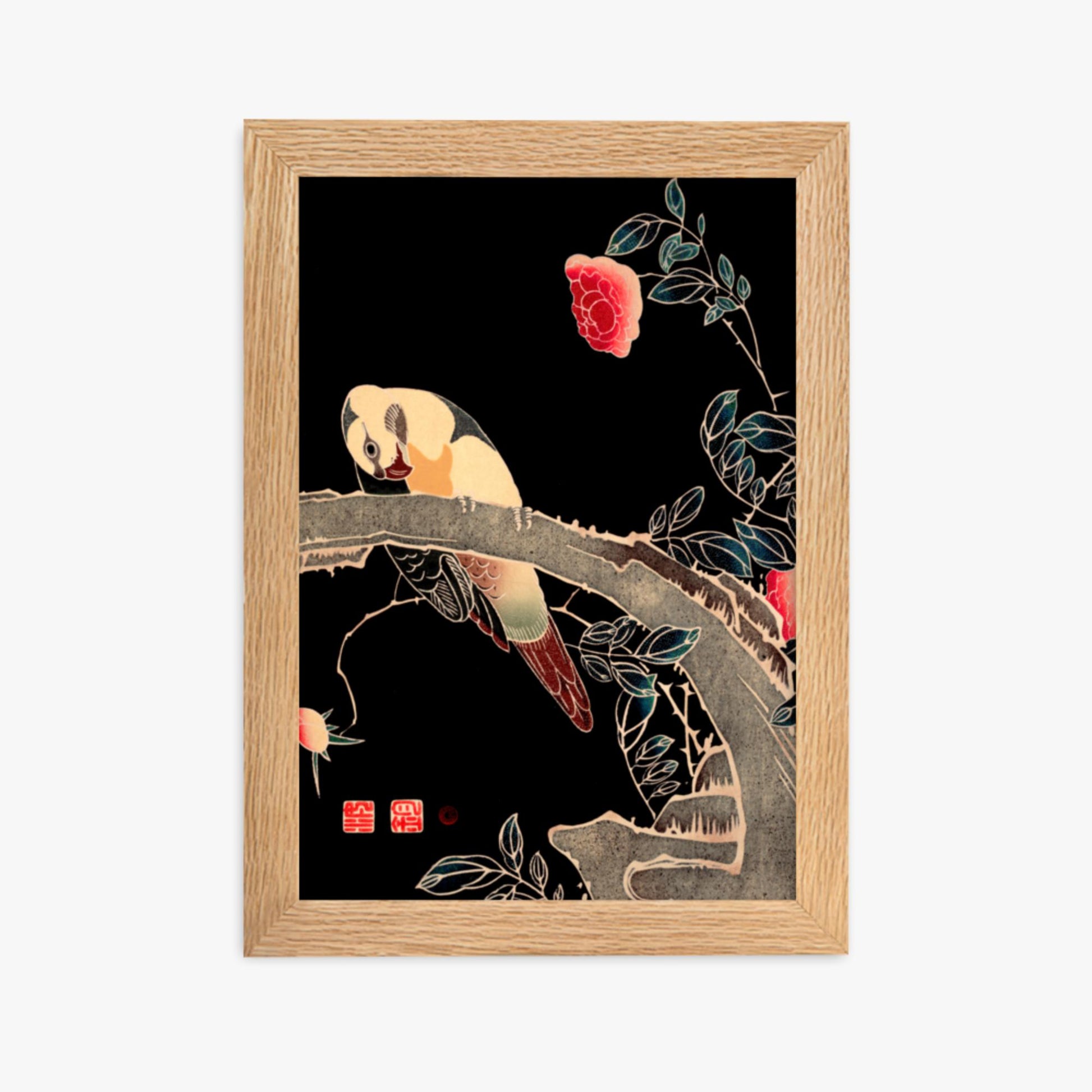 Ito Jakuchu - Parrot on the Branch of a Flowering Rose Bush 21x30 cm Poster With Oak Frame