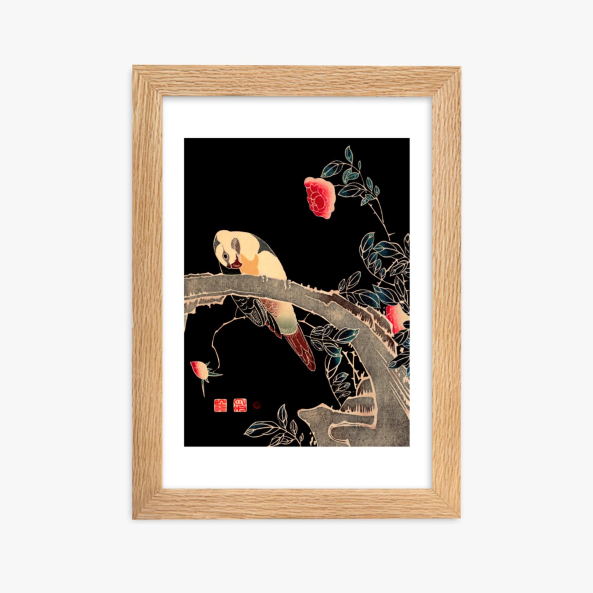 Ito Jakuchu - Parrot on the Branch of a Flowering Rose Bush 21x30 cm Poster With Oak Frame