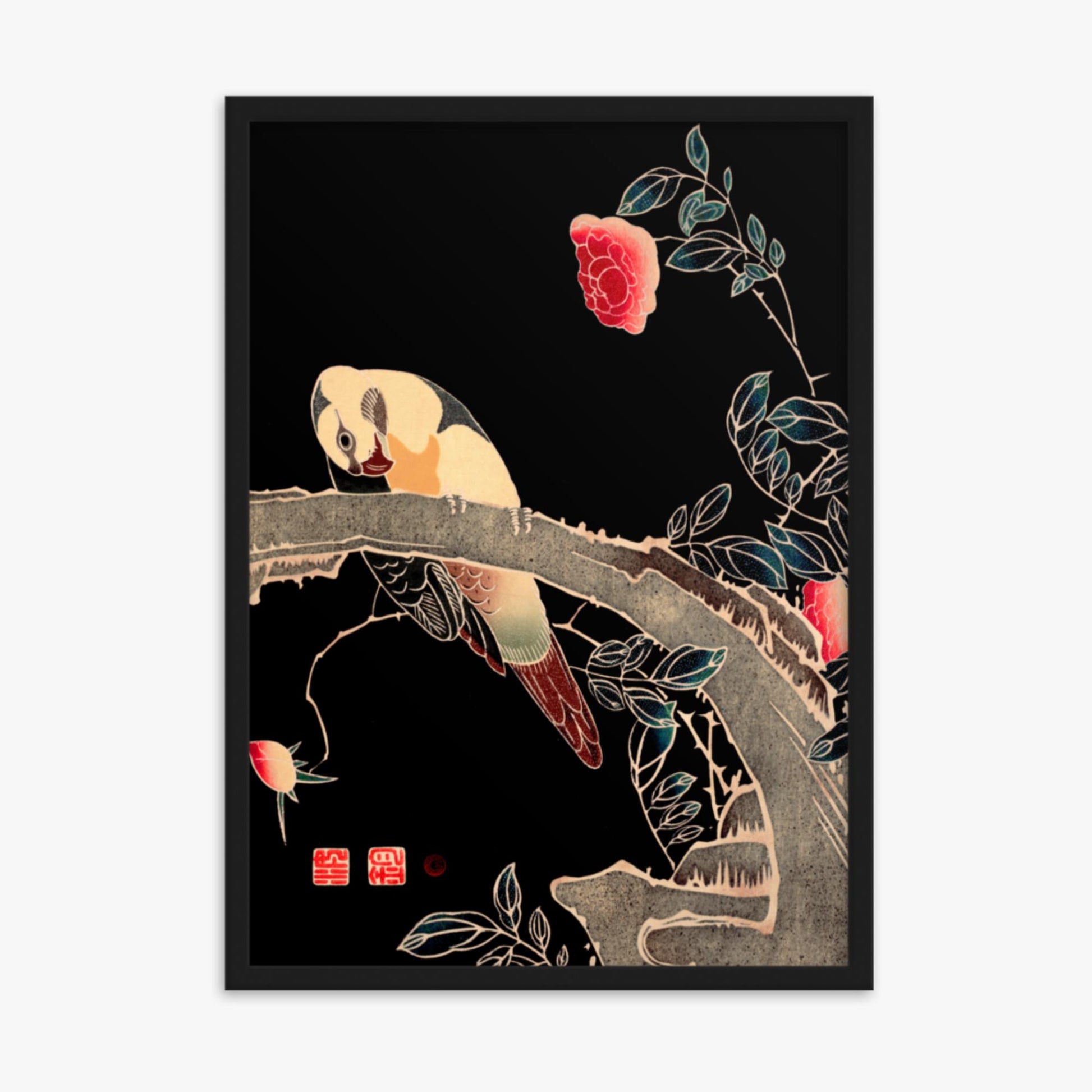 Ito Jakuchu - Parrot on the Branch of a Flowering Rose Bush 50x70 cm Poster With Black Frame