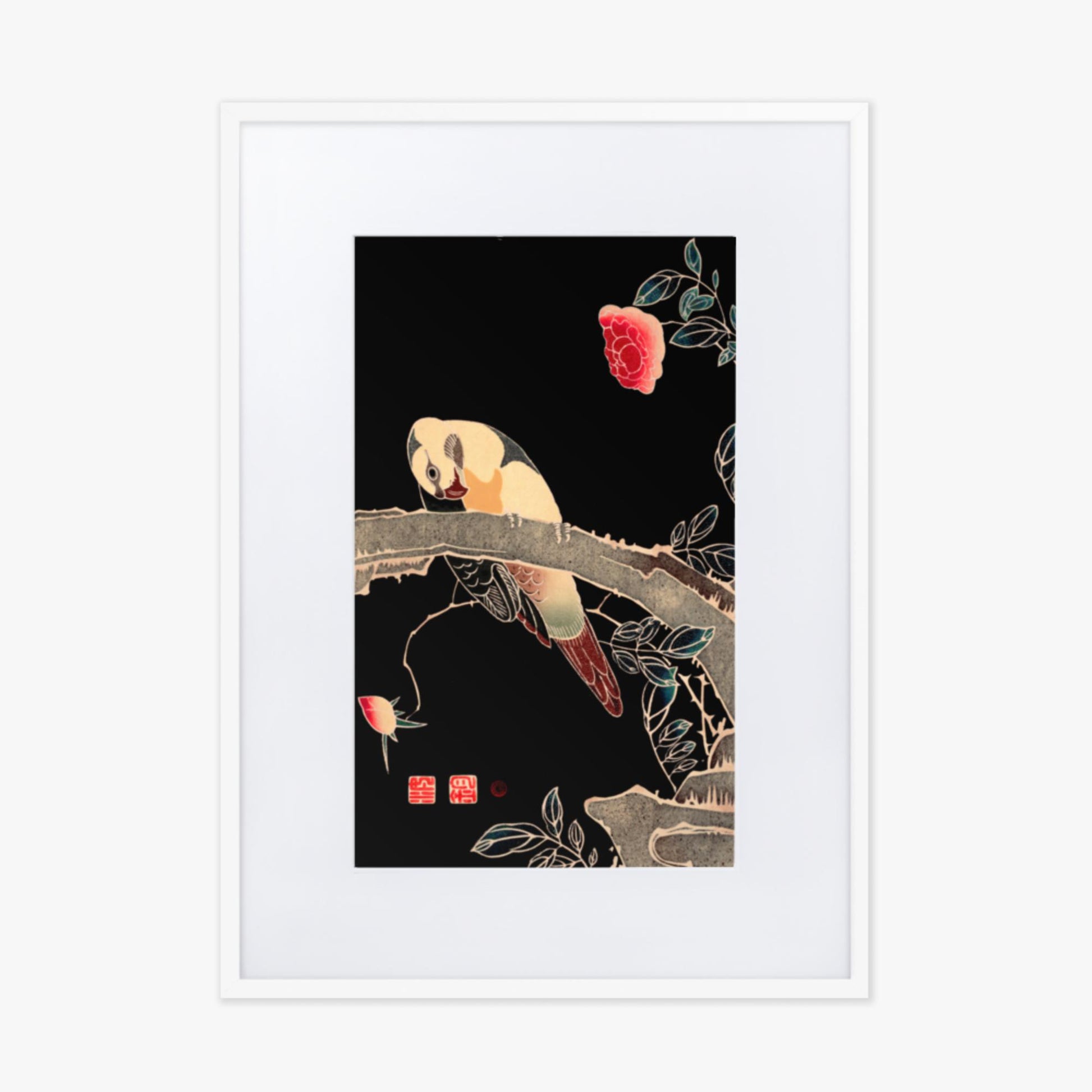 Ito Jakuchu - Parrot on the Branch of a Flowering Rose Bush 50x70 cm Poster With White Frame