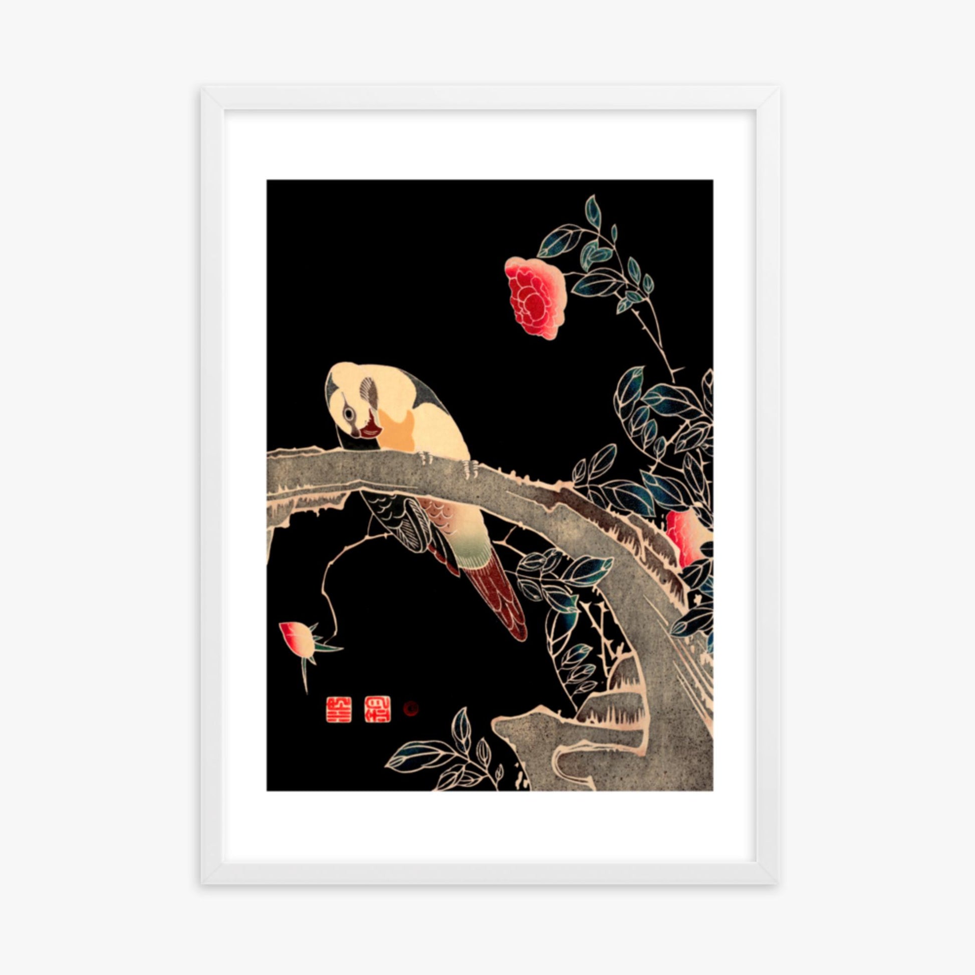 Ito Jakuchu - Parrot on the Branch of a Flowering Rose Bush 50x70 cm Poster With White Frame