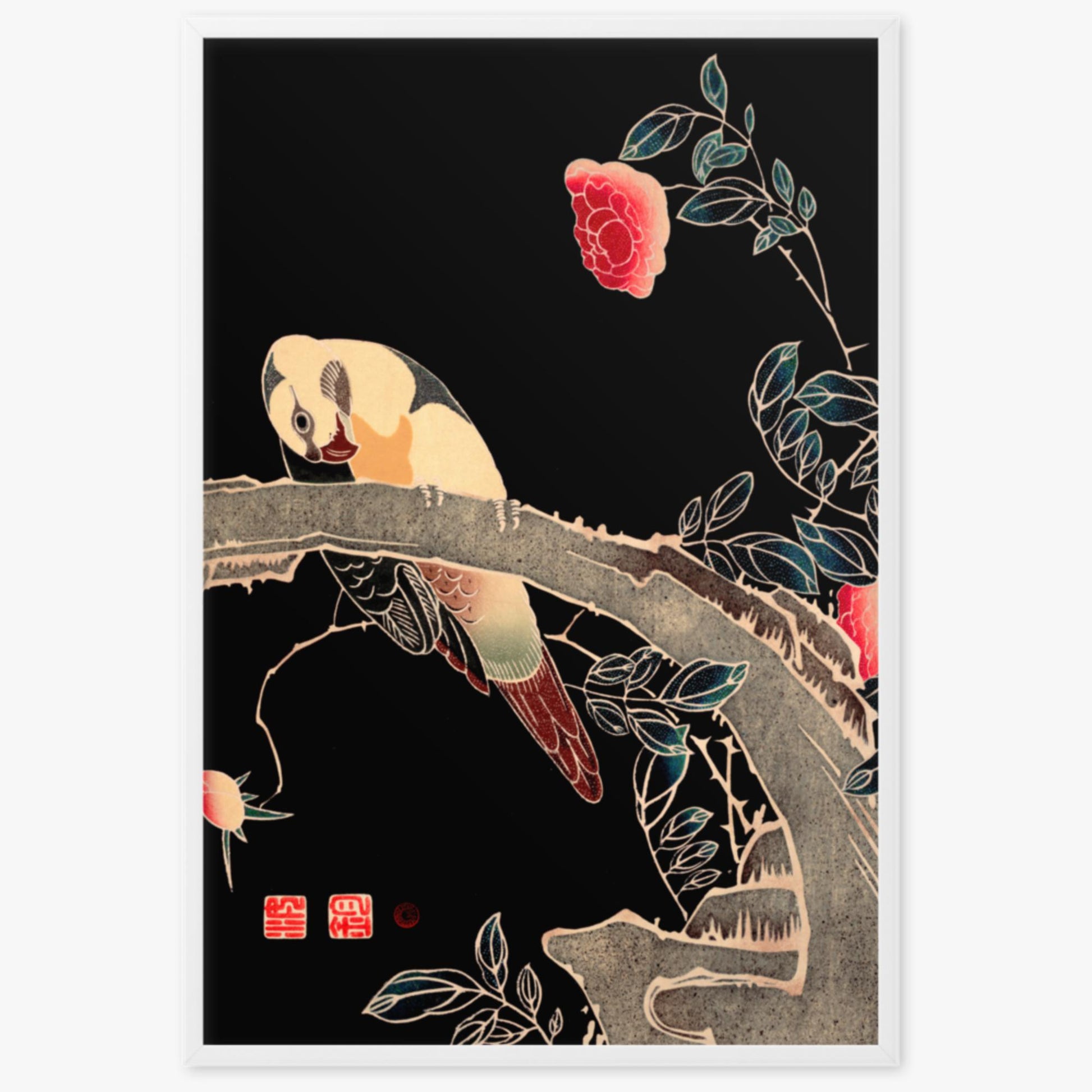 Ito Jakuchu - Parrot on the Branch of a Flowering Rose Bush 61x91 cm Poster With White Frame