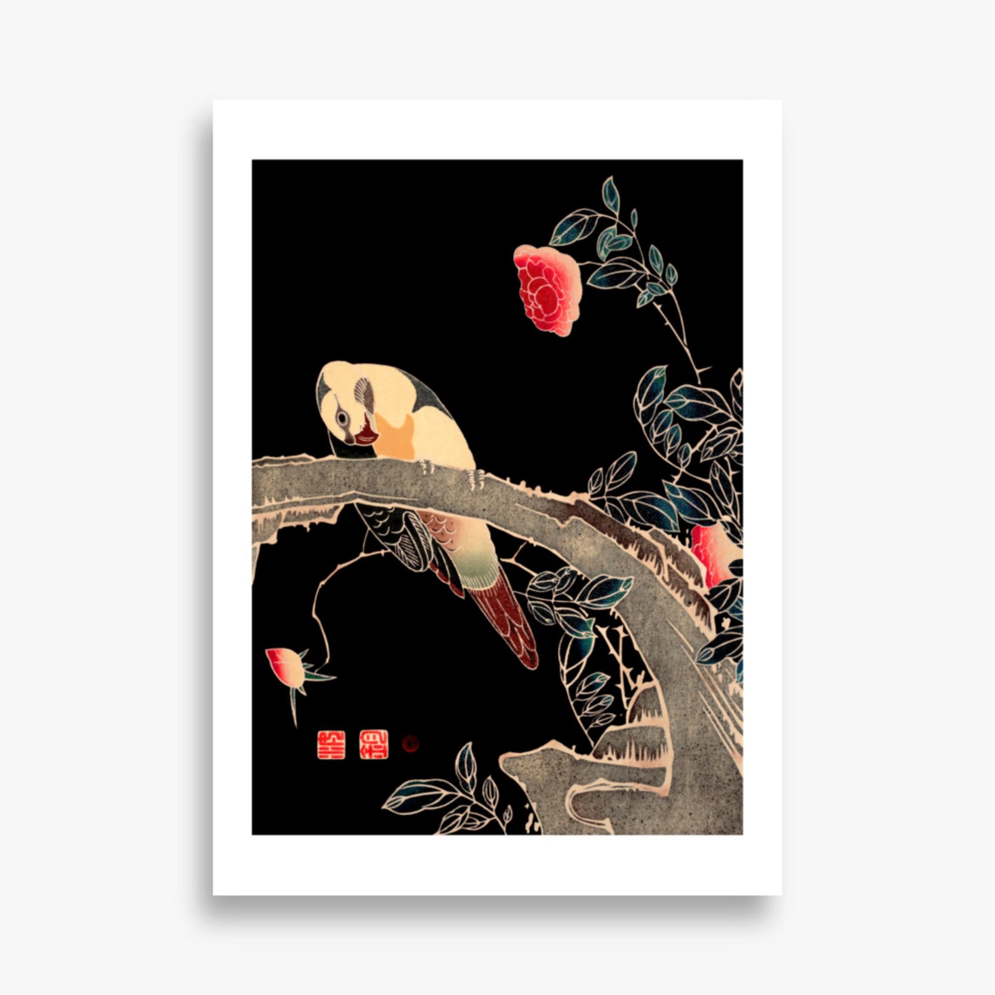 Ito Jakuchu - Parrot on the Branch of a Flowering Rose Bush 50x70 cm Poster