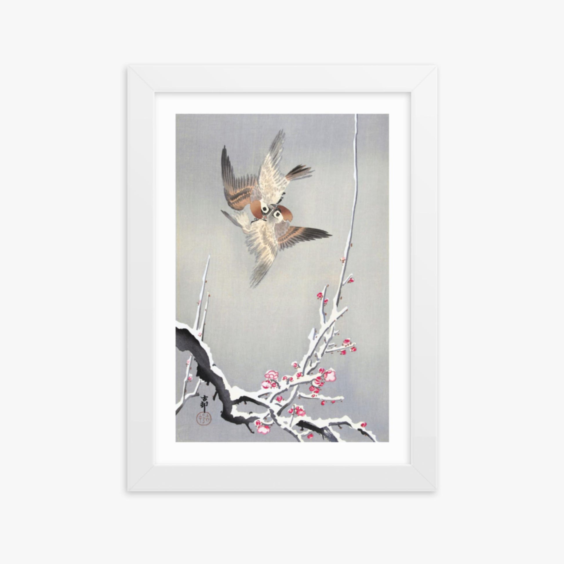 Ohara Koson - Sparrows and Snowy Plum Tree 21x30 cm Poster With White Frame