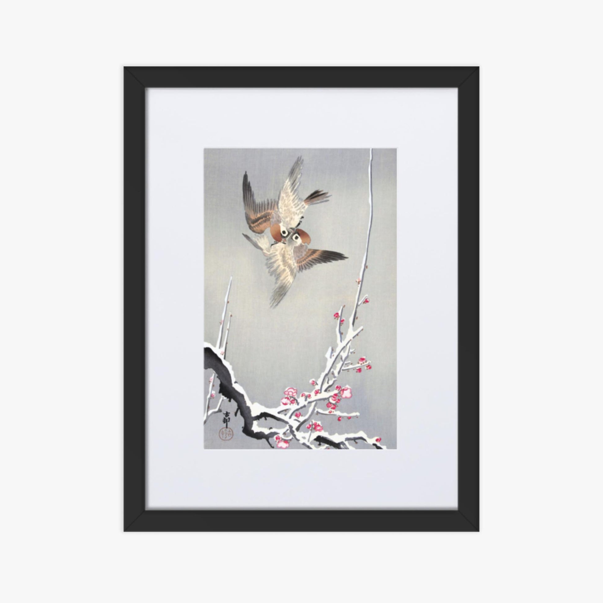 Ohara Koson - Sparrows and Snowy Plum Tree 30x40 cm Poster With Black Frame